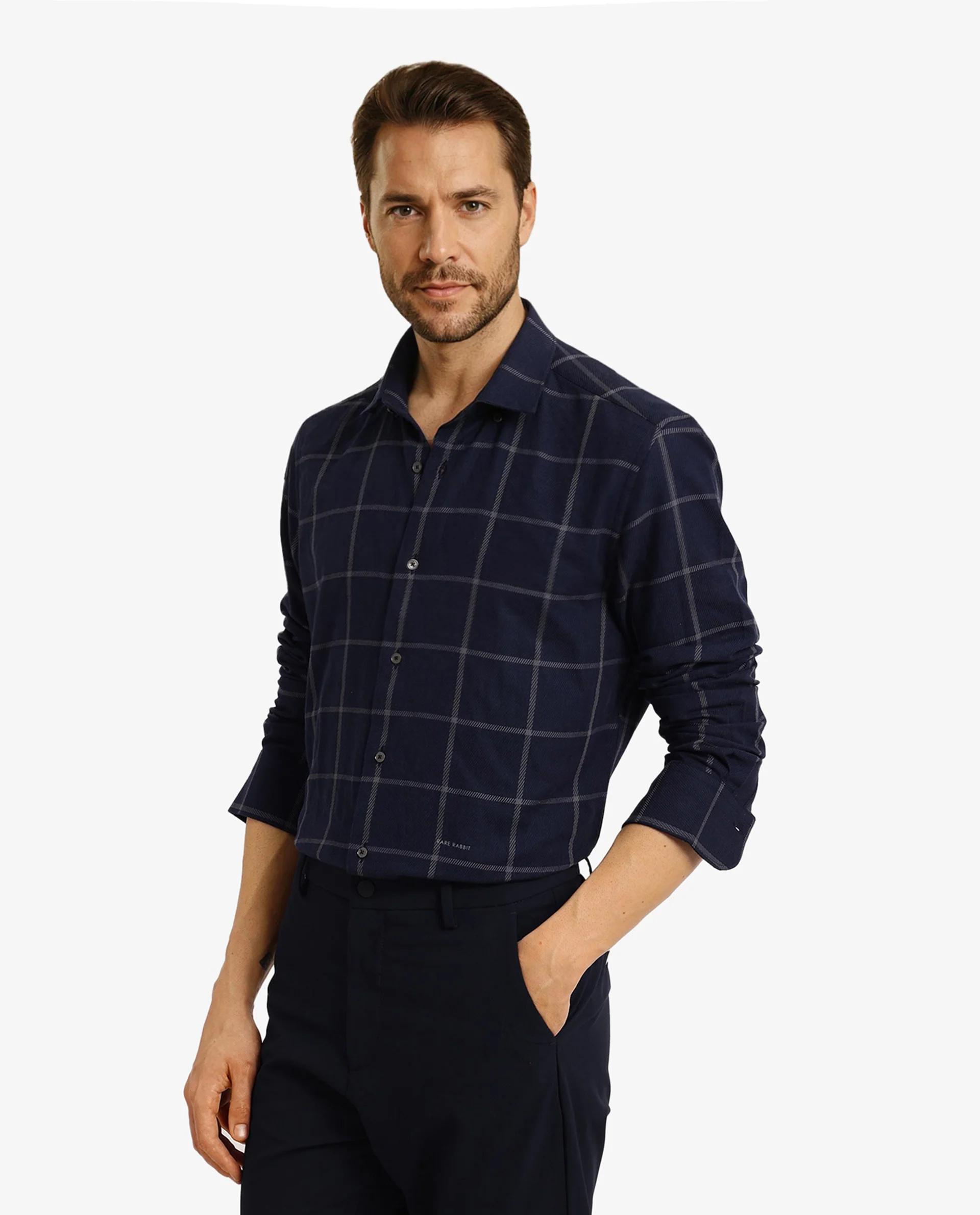 Rare Rabbit Men's Tuffah Dark Navy Cotton Checked Print Regular Fit Full Sleeve Collared Shirt - Image 7