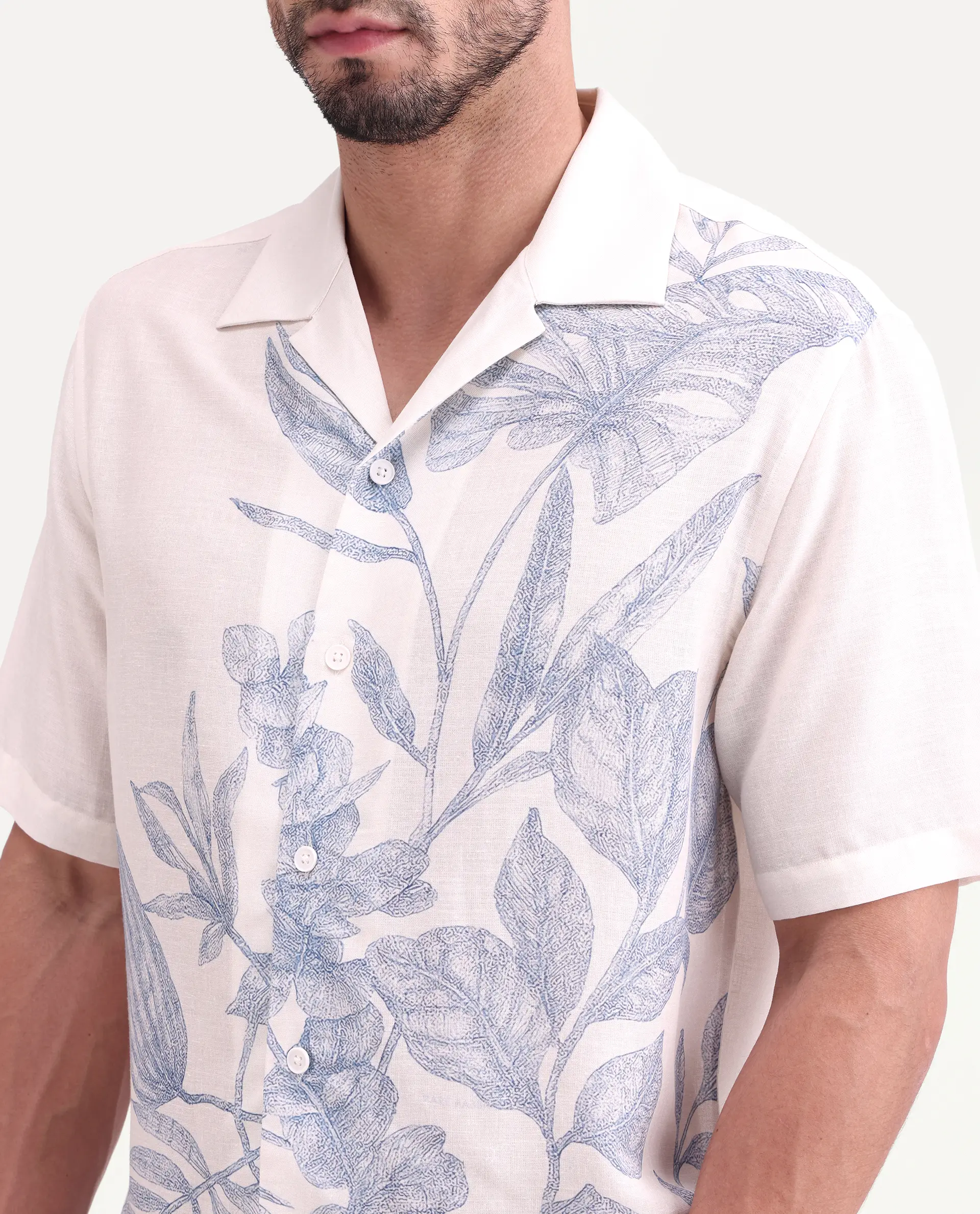 Rare Rabbit Men's Tufr White Linen Blend Fabric Half Sleeve Cuban Collar Regular Fit Floral Print Shirt - Image 3