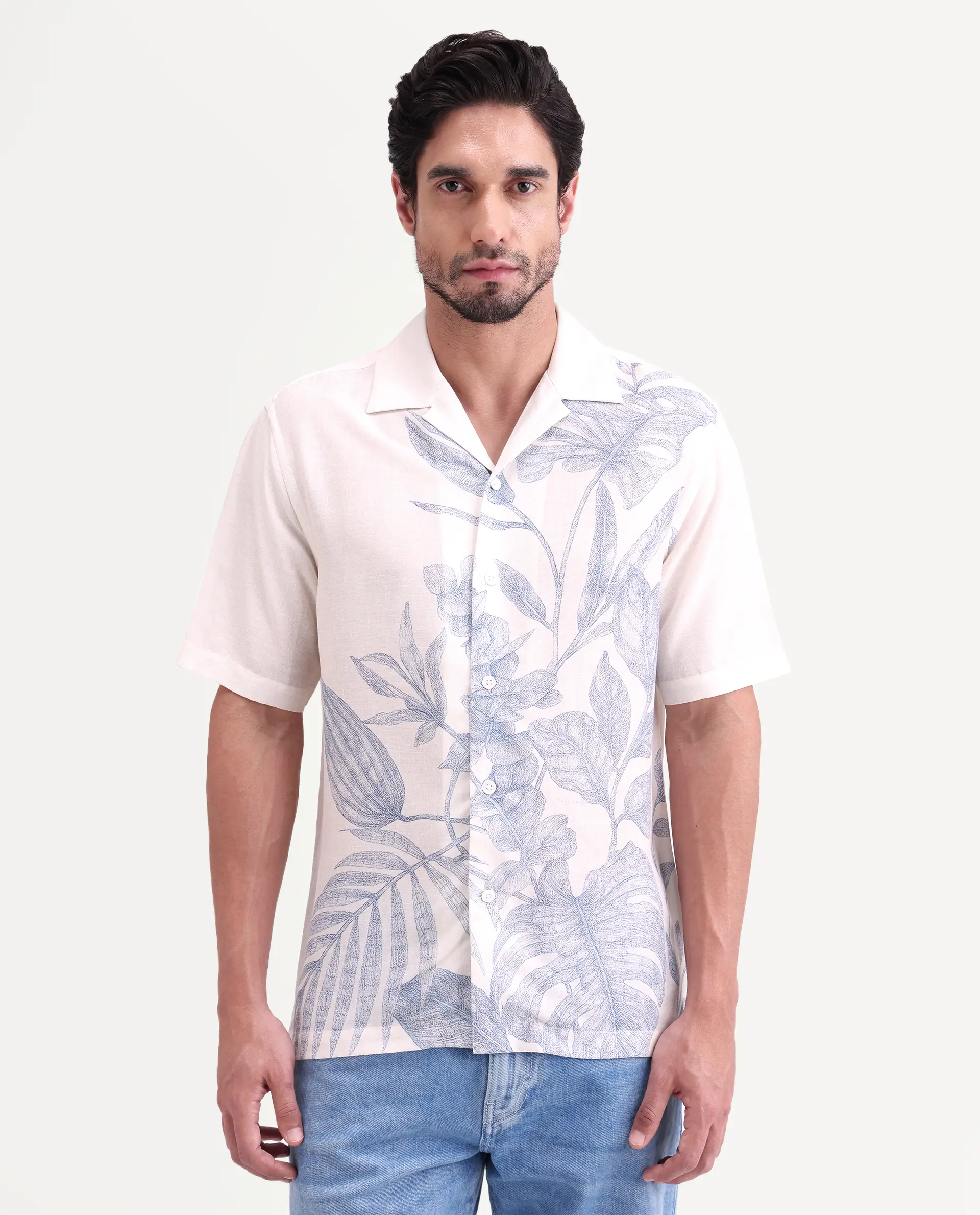 Rare Rabbit Men's Tufr White Linen Blend Fabric Half Sleeve Cuban Collar Regular Fit Floral Print Shirt - Image 4