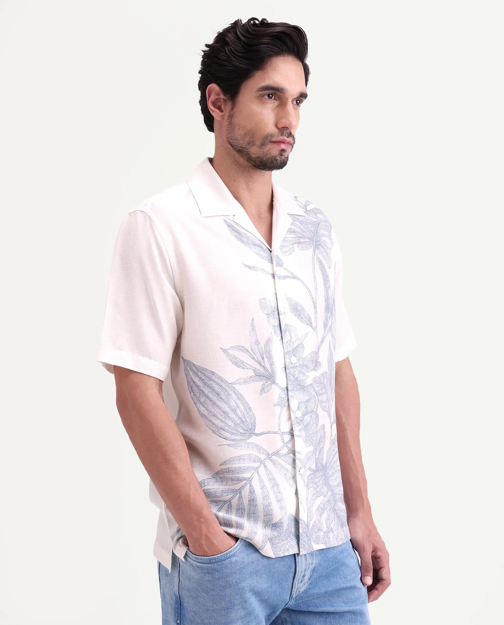 Rare Rabbit Men's Tufr White Linen Blend Fabric Half Sleeve Cuban Collar Regular Fit Floral Print Shirt - Image 5