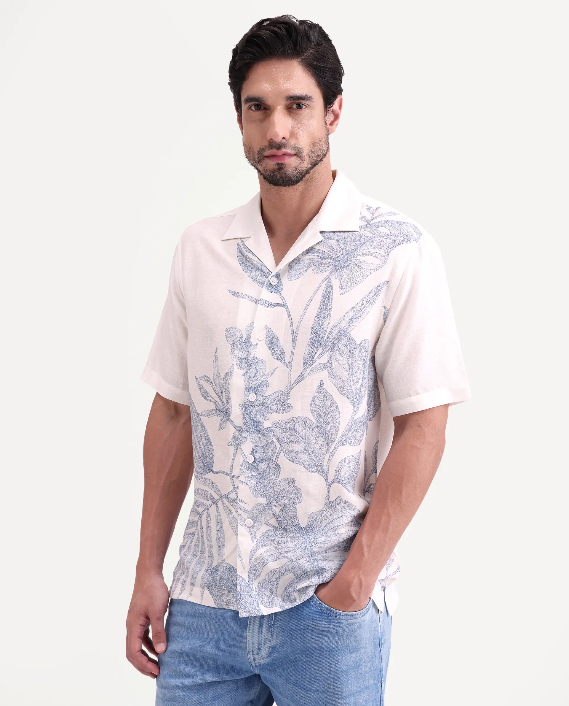 Rare Rabbit Men's Tufr White Linen Blend Fabric Half Sleeve Cuban Collar Regular Fit Floral Print Shirt - Image 6