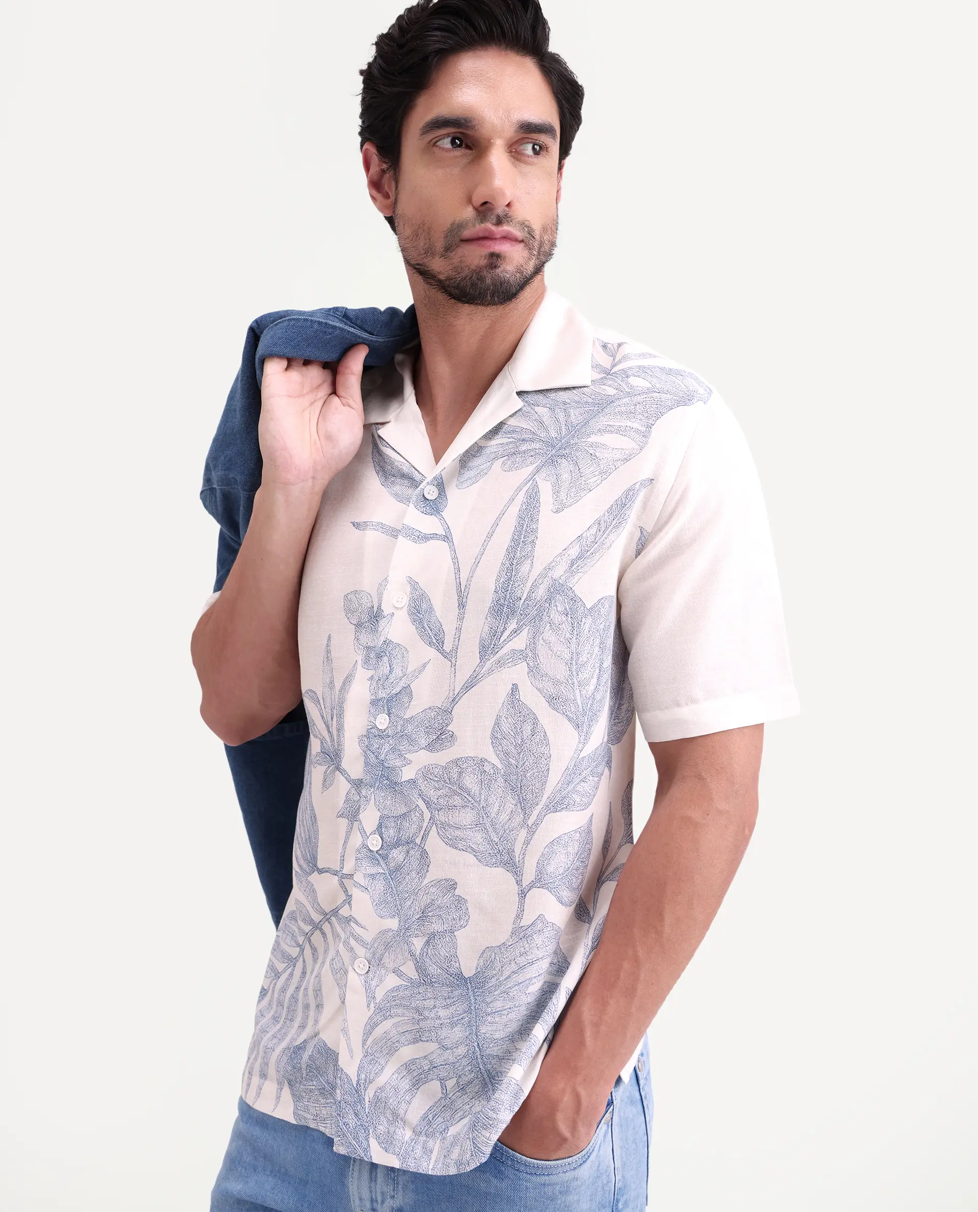 Rare Rabbit Men's Tufr White Linen Blend Fabric Half Sleeve Cuban Collar Regular Fit Floral Print Shirt - Image 7