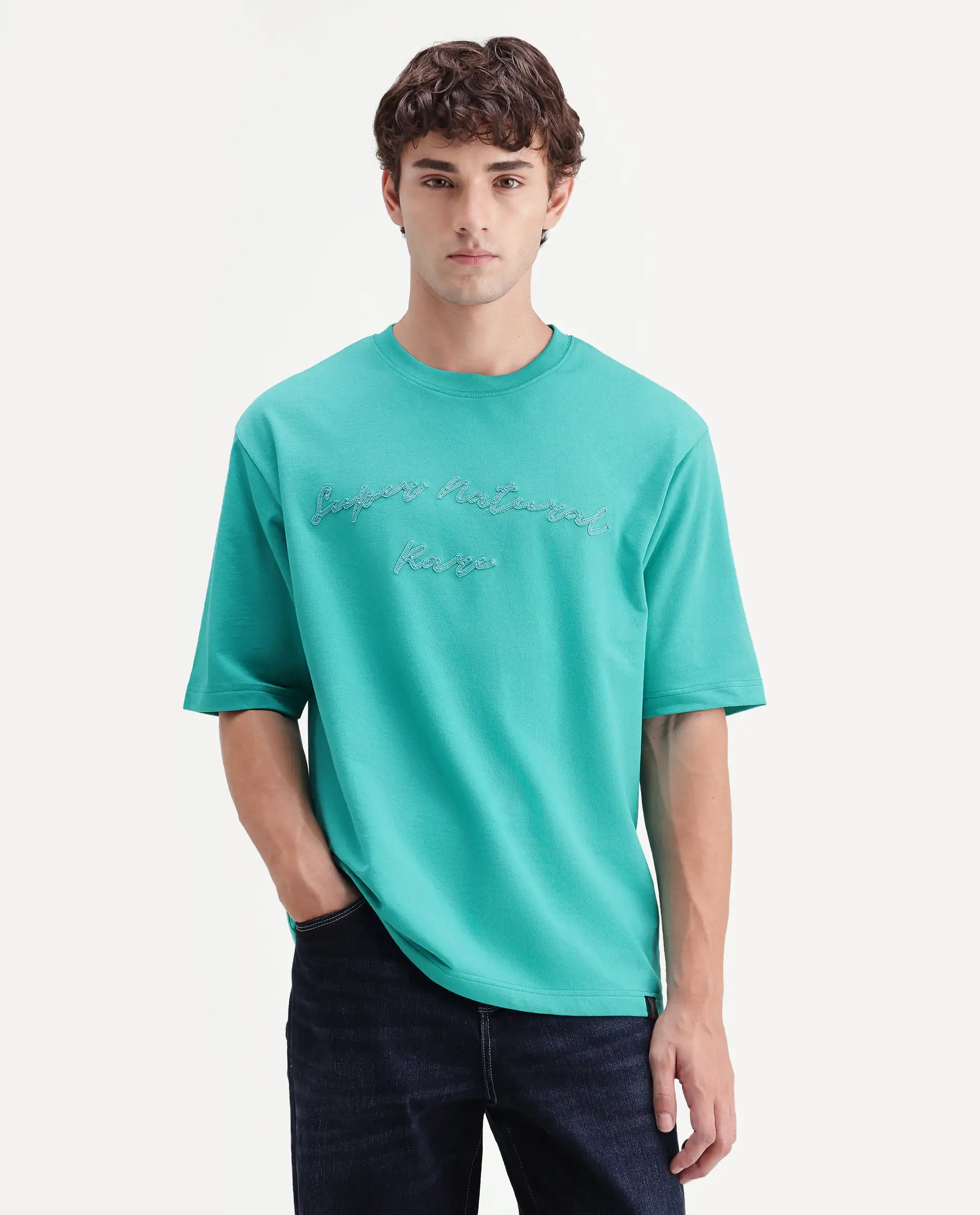 Rare Rabbit Men's Tuft Fluorescent Green Cotton Crew Neck Regular Embroidered T-Shirt - Image 4