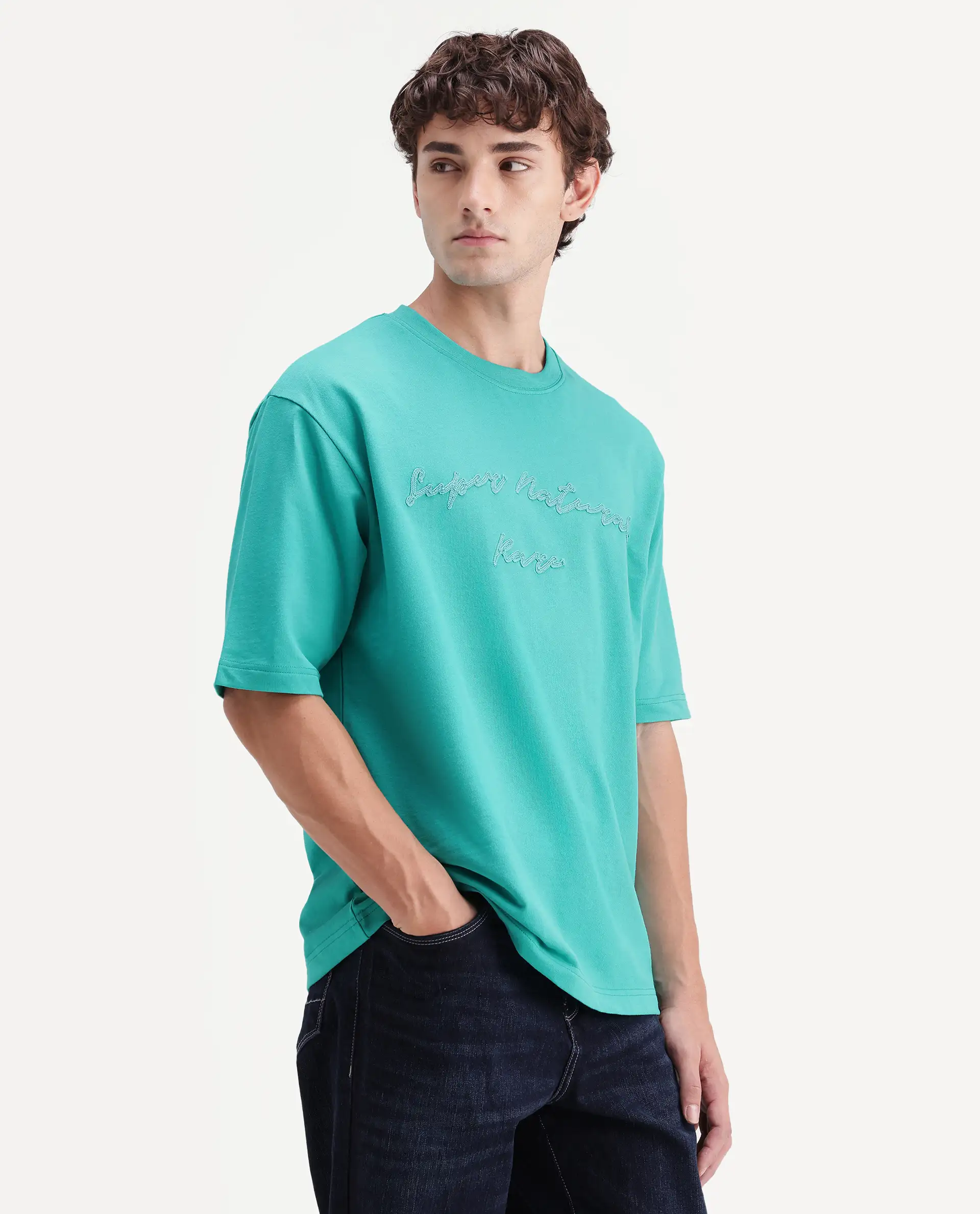 Rare Rabbit Men's Tuft Fluorescent Green Cotton Crew Neck Regular Embroidered T-Shirt - Image 5