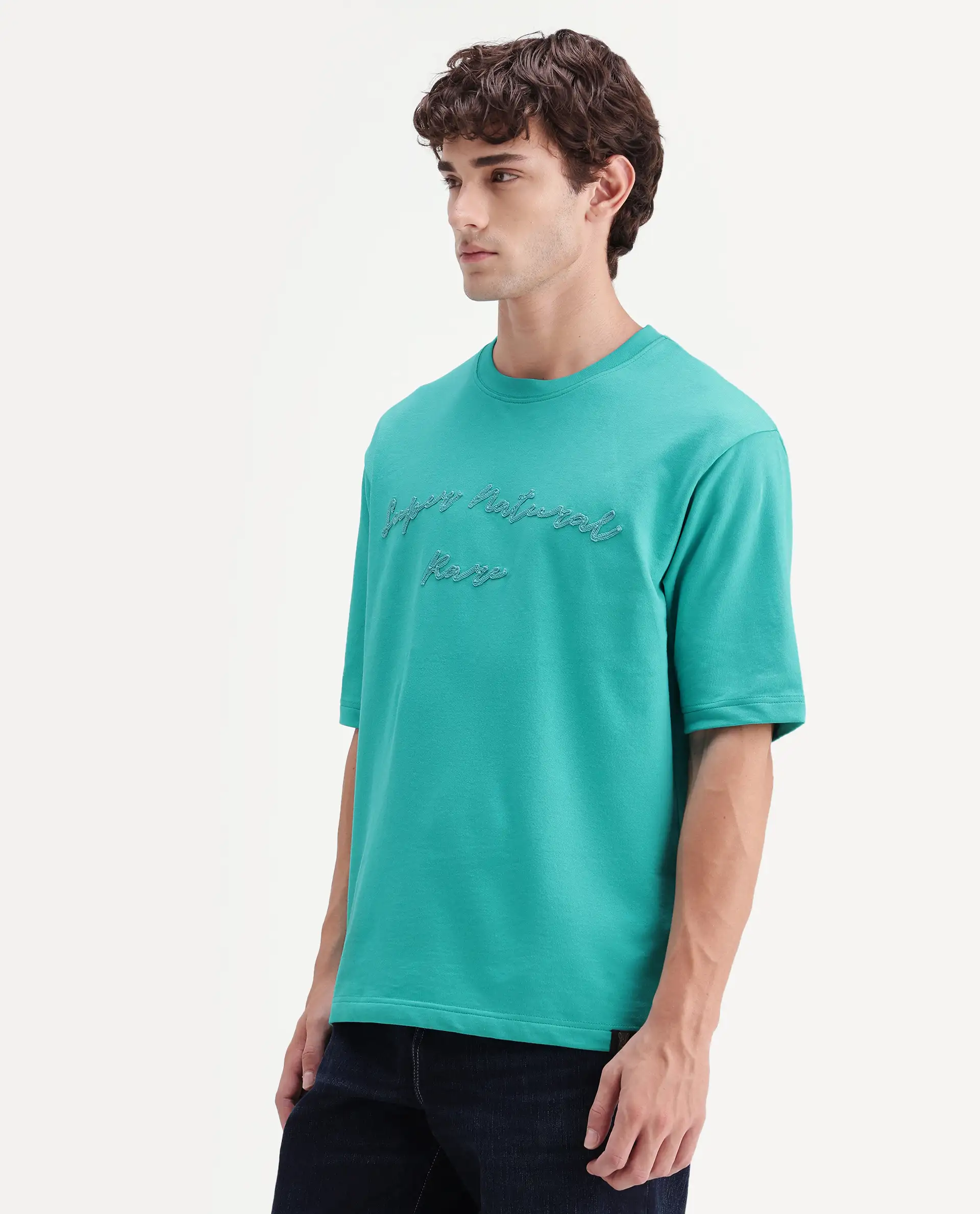 Rare Rabbit Men's Tuft Fluorescent Green Cotton Crew Neck Regular Embroidered T-Shirt - Image 6