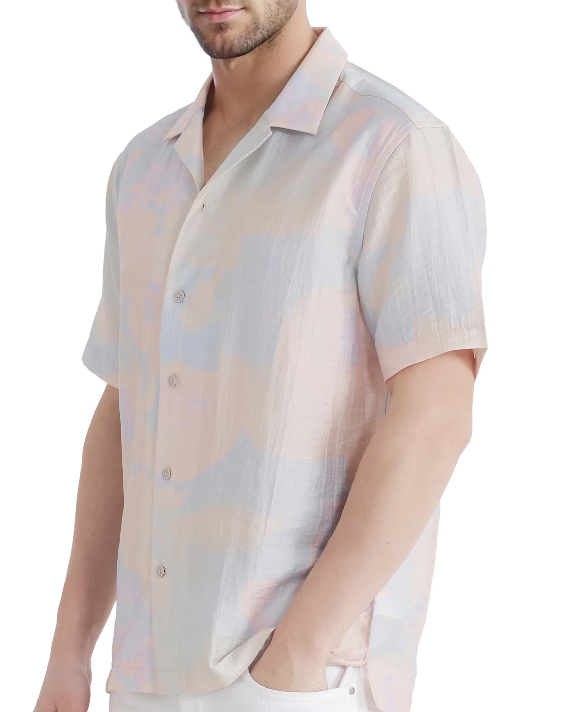 Rare Rabbit Men's Tugi Blue Viscose Blend Abstract Print Boxy Fit Half Sleeve Cuban Collar Shirt - Image 3