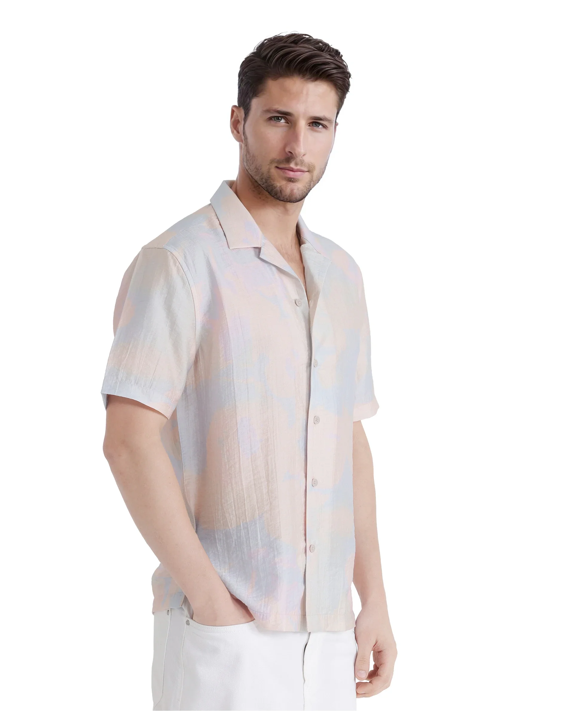 Rare Rabbit Men's Tugi Blue Viscose Blend Abstract Print Boxy Fit Half Sleeve Cuban Collar Shirt - Image 6