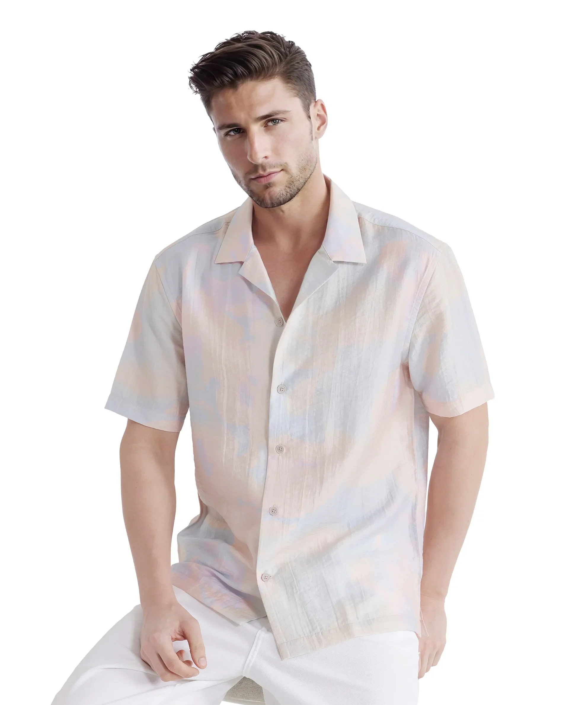 Rare Rabbit Men's Tugi Blue Viscose Blend Abstract Print Boxy Fit Half Sleeve Cuban Collar Shirt - Image 8