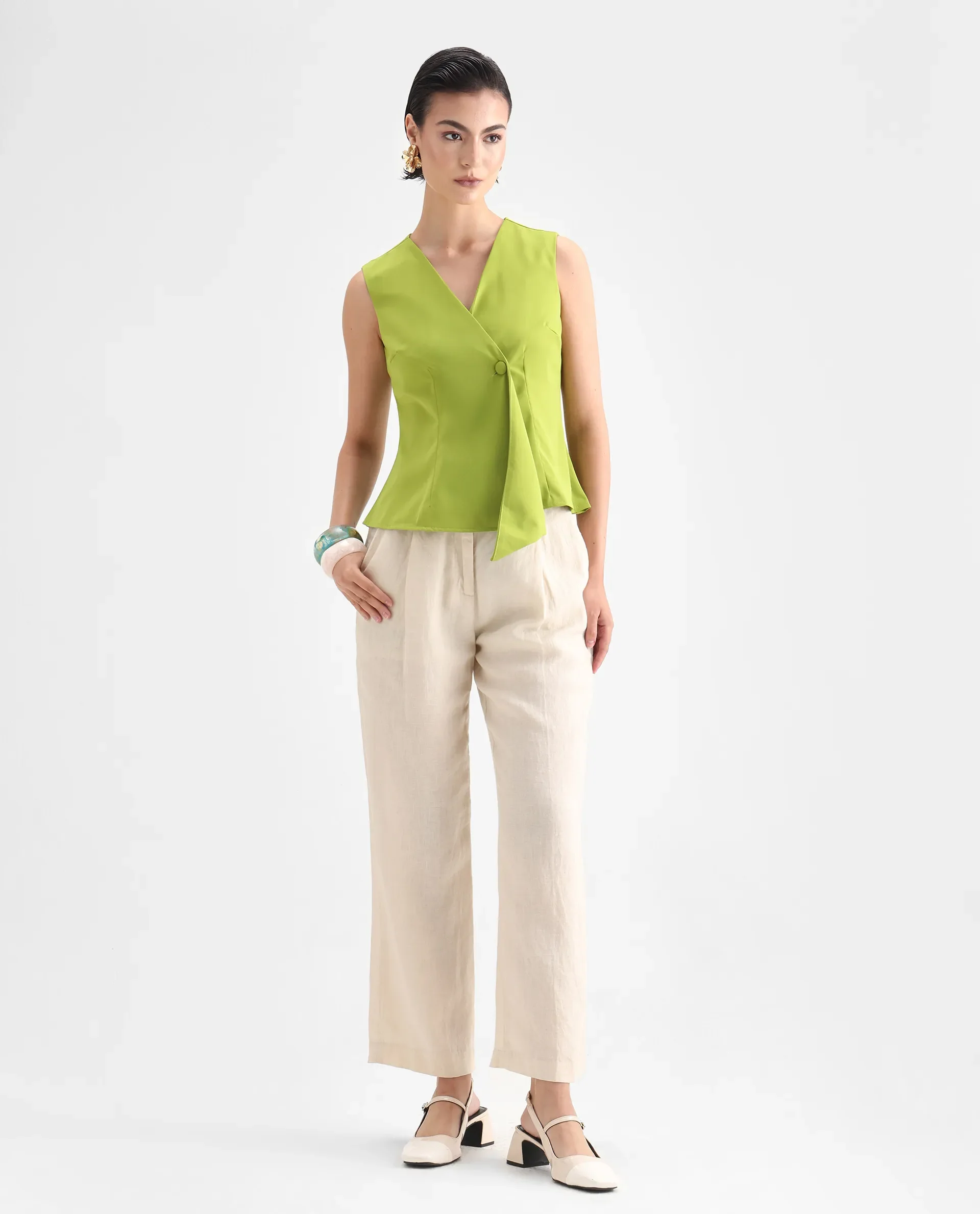 Rareism Women's Tuika Flouroscent Green Satin Overlap Neck Plain Sleeveless Regular Fit Top - Image 2