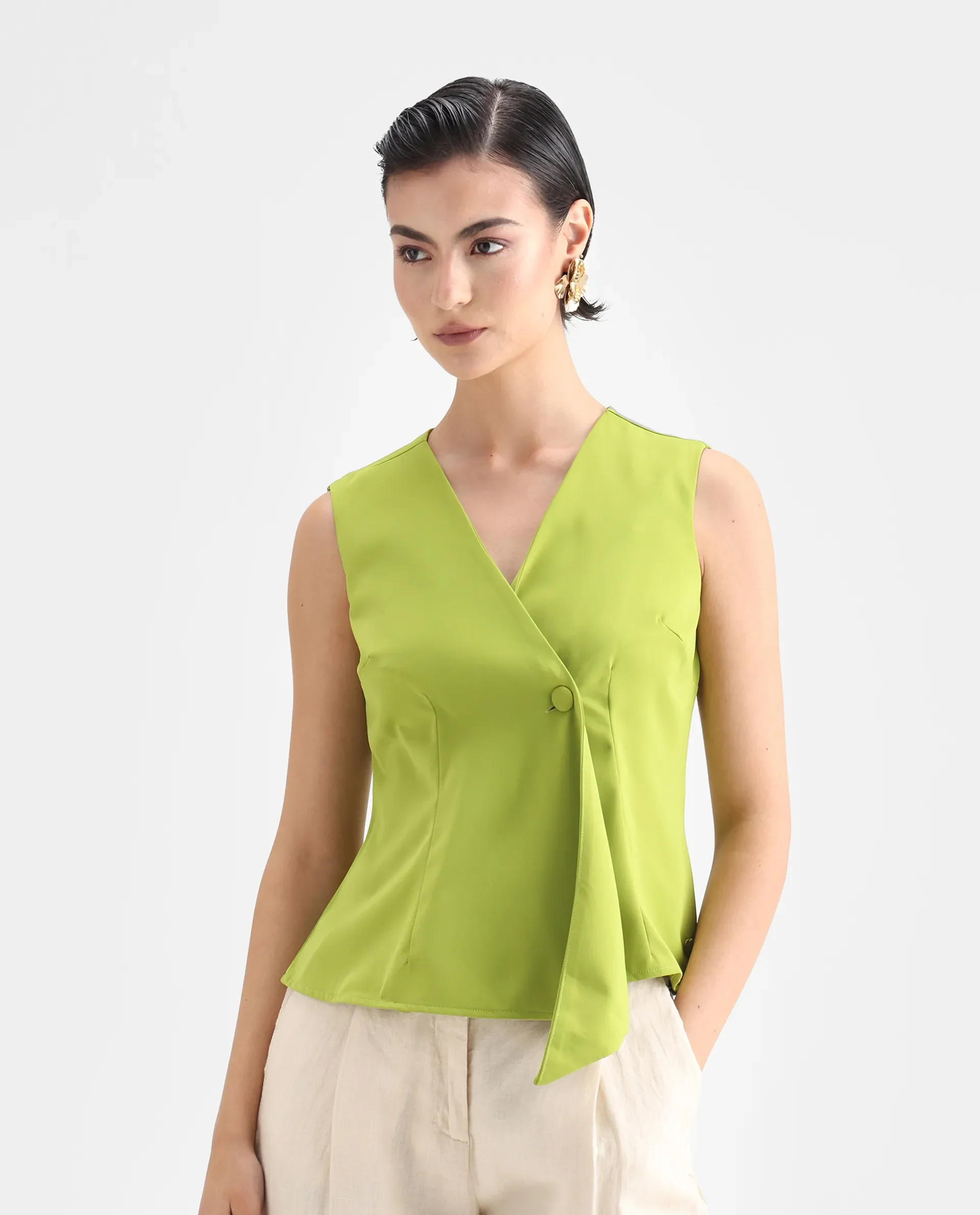 Rareism Women's Tuika Flouroscent Green Satin Overlap Neck Plain Sleeveless Regular Fit Top - Image 3