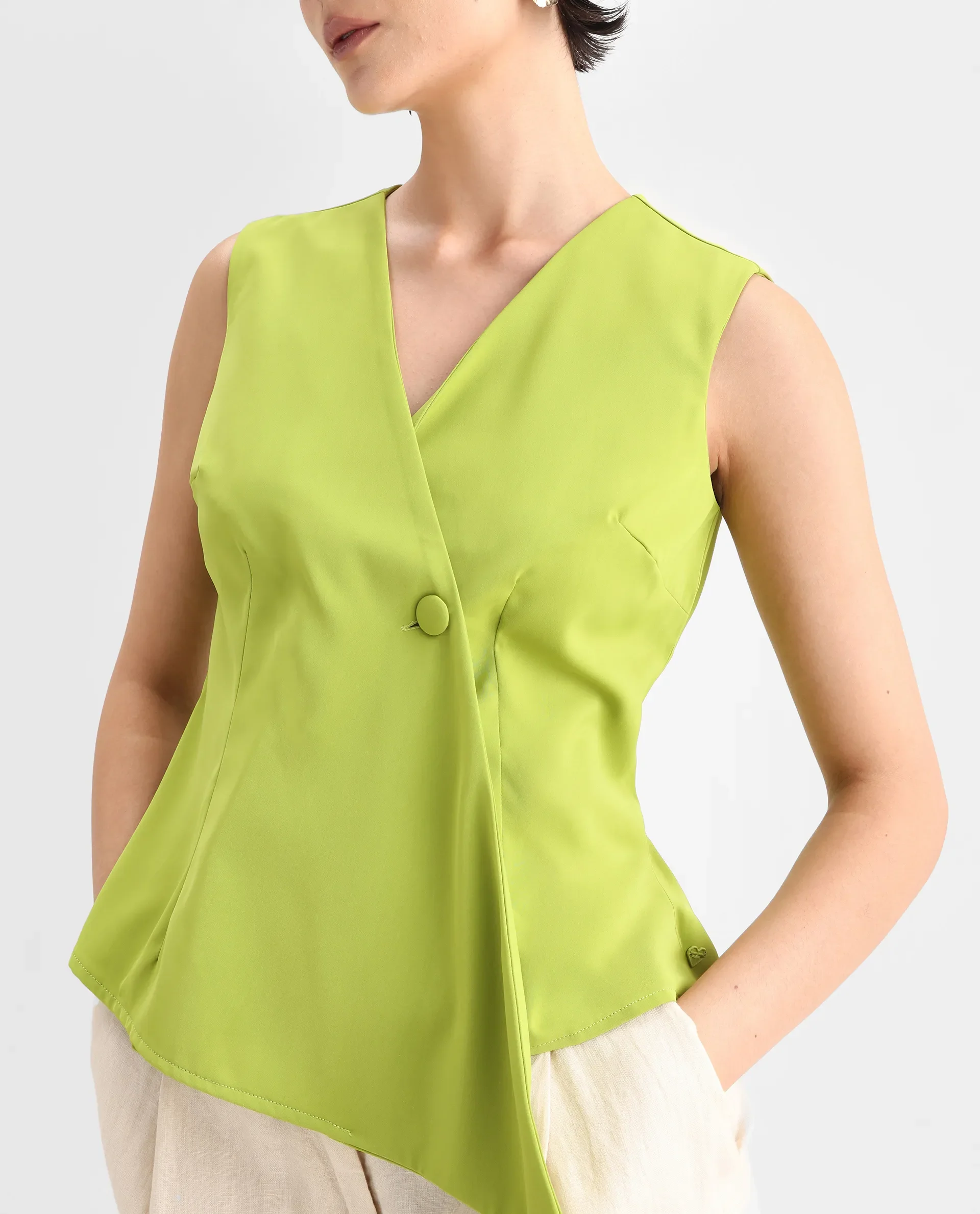 Rareism Women's Tuika Flouroscent Green Satin Overlap Neck Plain Sleeveless Regular Fit Top - Image 4
