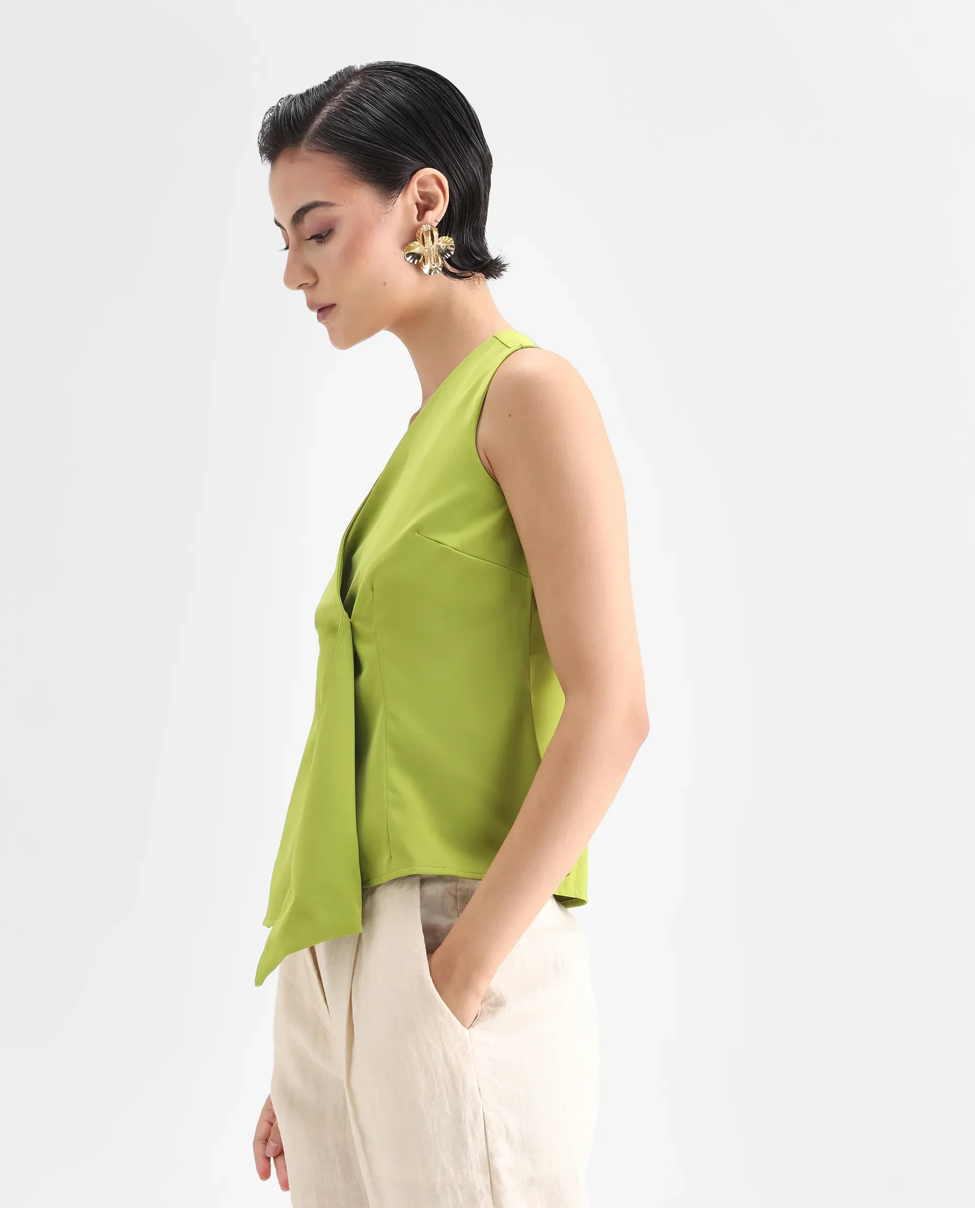 Rareism Women's Tuika Flouroscent Green Satin Overlap Neck Plain Sleeveless Regular Fit Top - Image 5