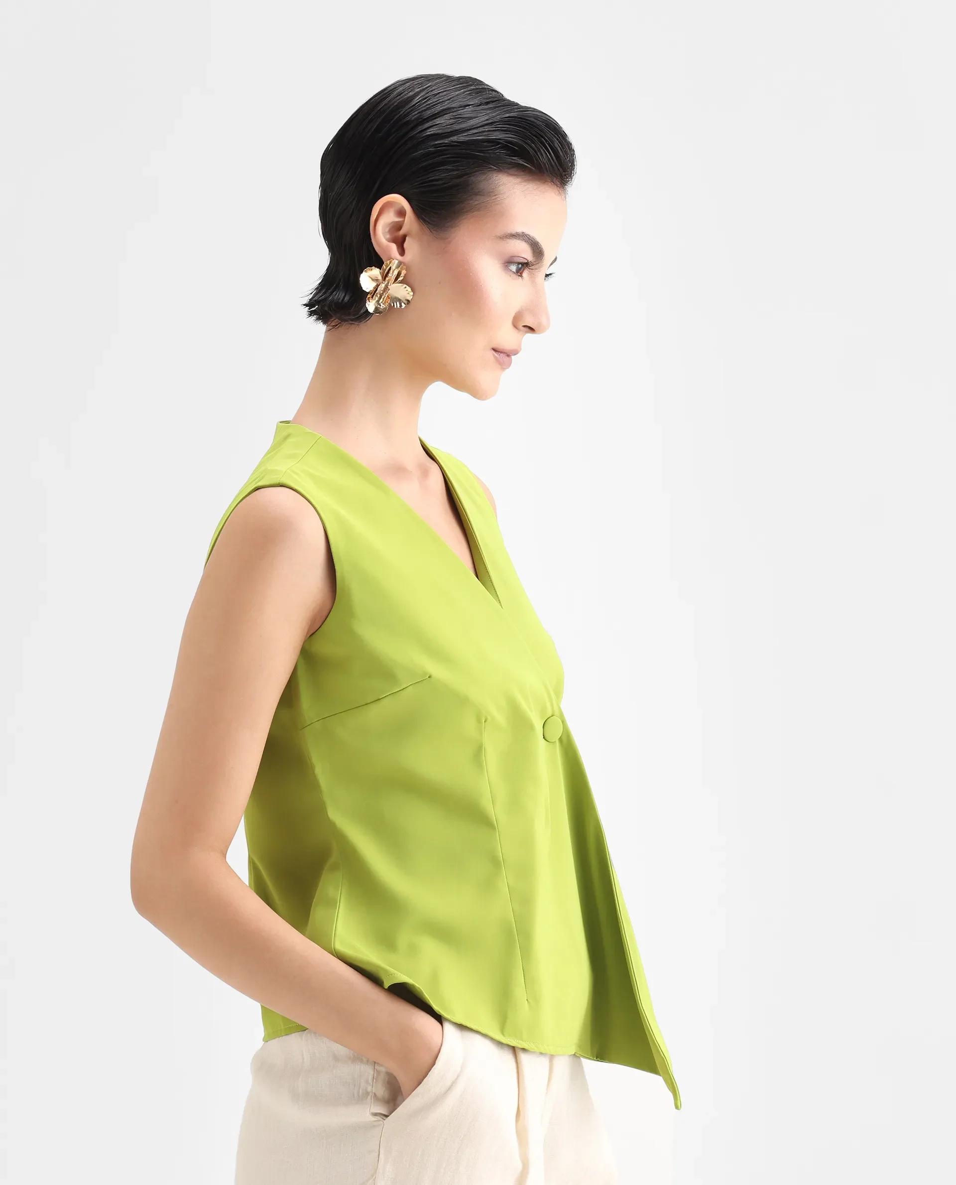 Rareism Women's Tuika Flouroscent Green Satin Overlap Neck Plain Sleeveless Regular Fit Top - Image 6