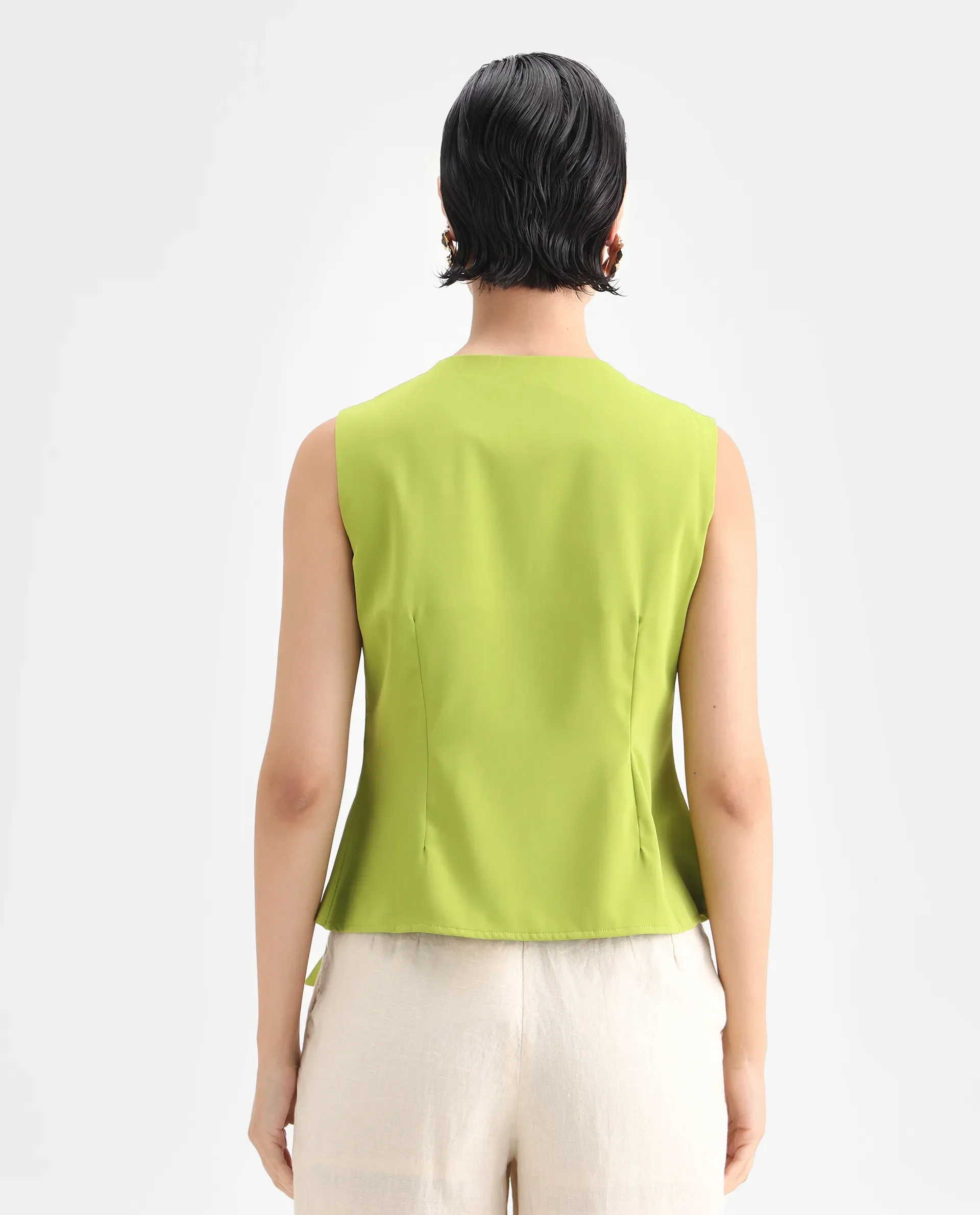 Rareism Women's Tuika Flouroscent Green Satin Overlap Neck Plain Sleeveless Regular Fit Top - Image 7