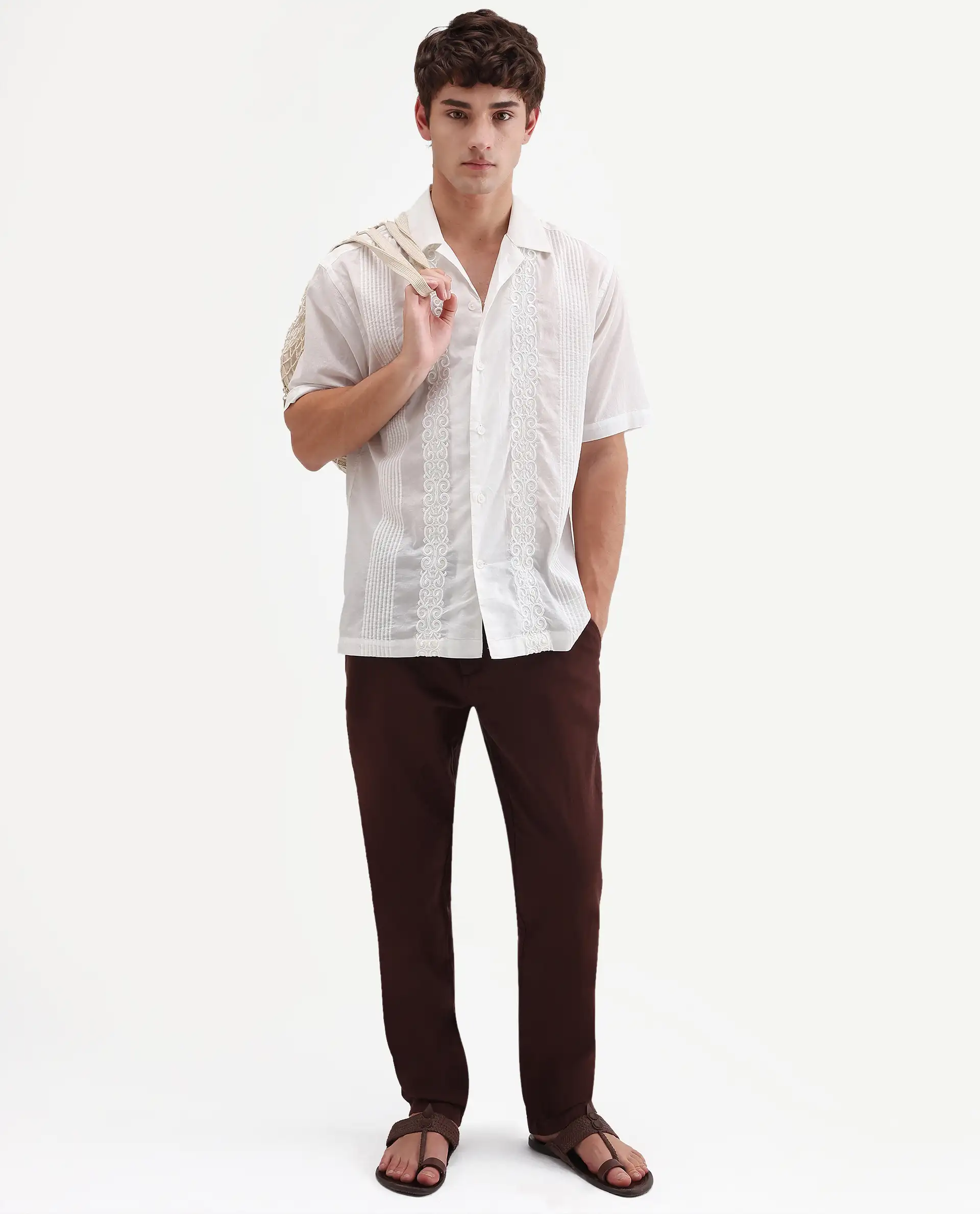 Rare Rabbit Men's Tuko White Cotton Fabric Half Sleeve Cuban Collar Relaxed fit Embroidered Shirt - Image 2