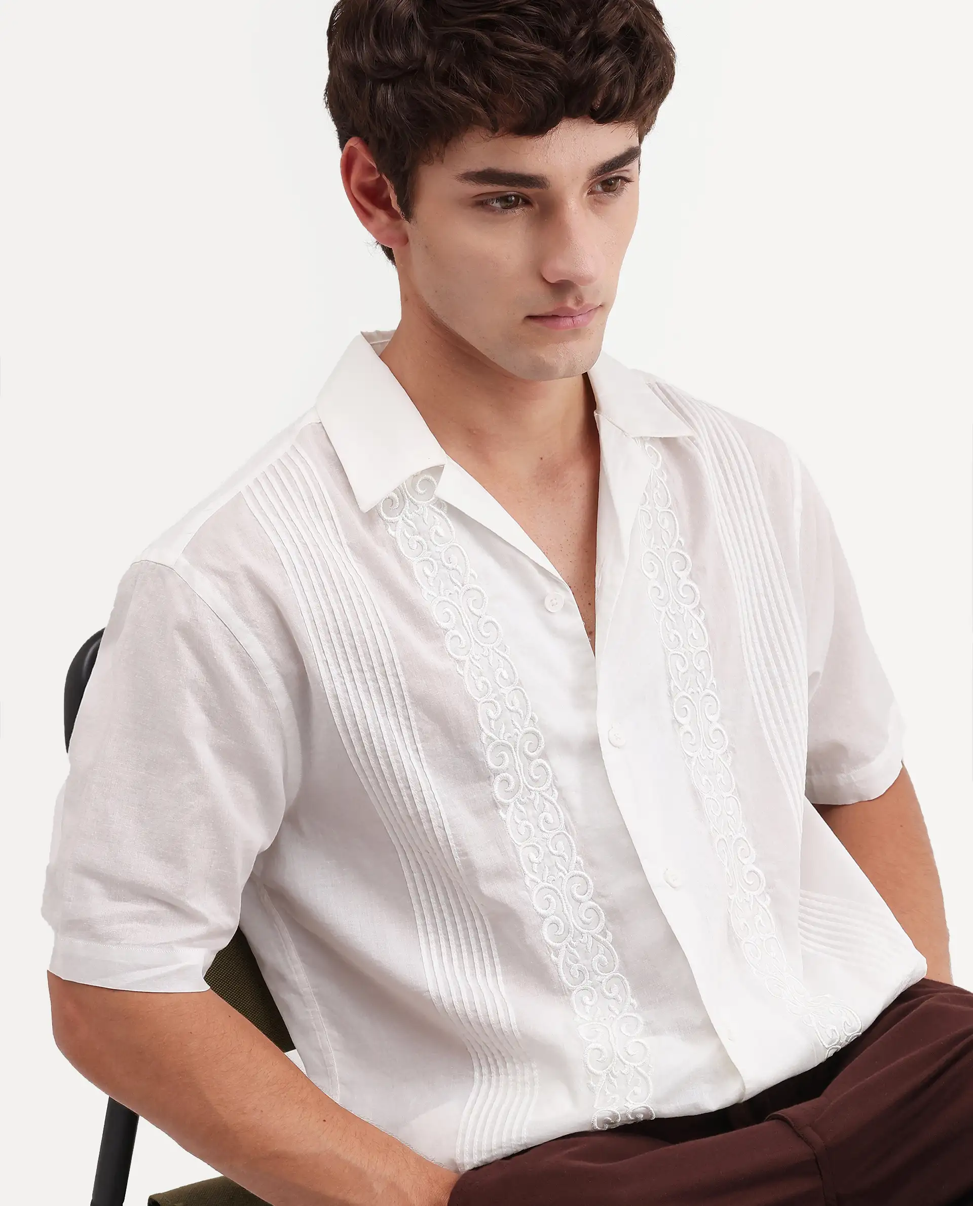 Rare Rabbit Men's Tuko White Cotton Fabric Half Sleeve Cuban Collar Relaxed fit Embroidered Shirt - Image 3
