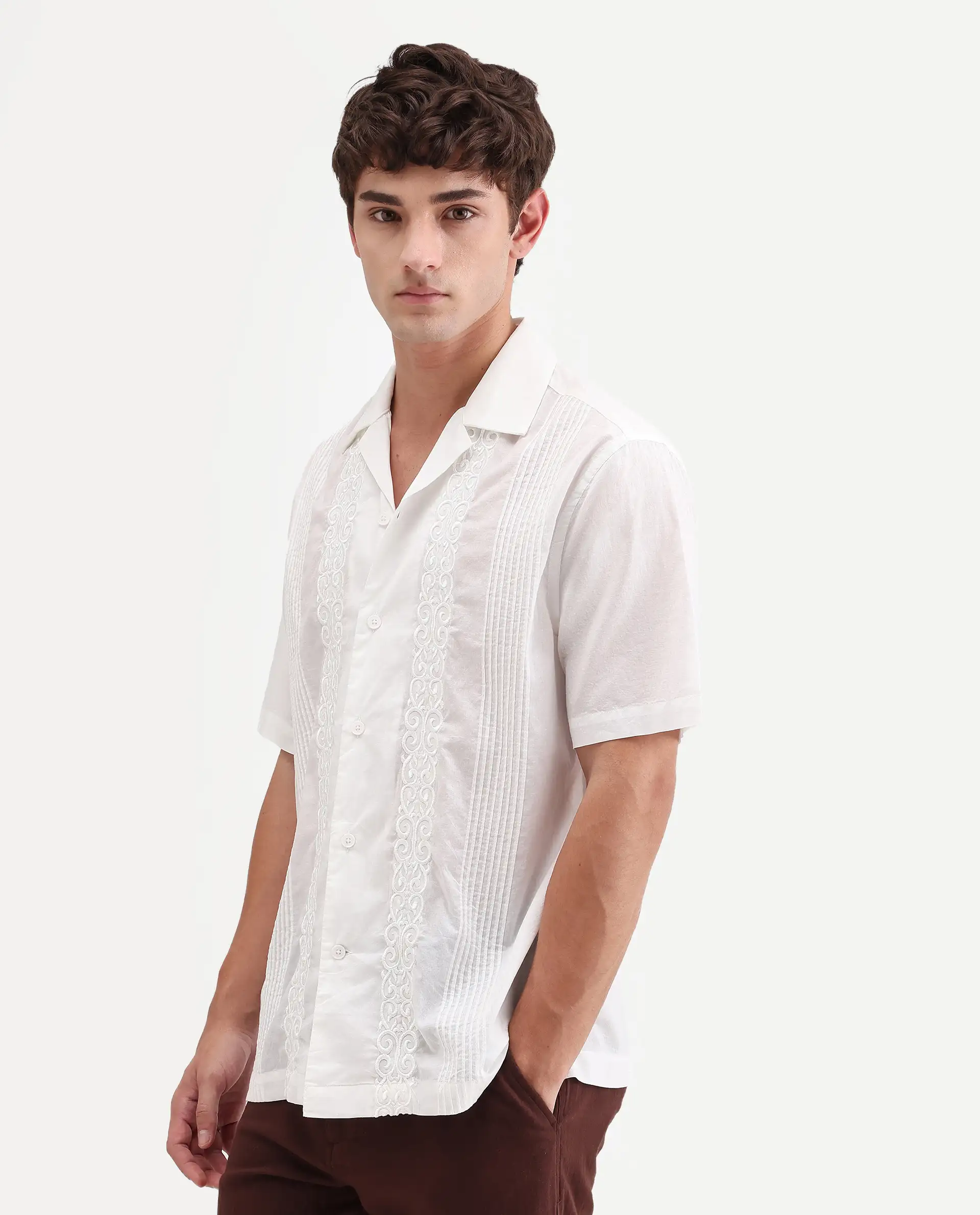 Rare Rabbit Men's Tuko White Cotton Fabric Half Sleeve Cuban Collar Relaxed fit Embroidered Shirt - Image 4