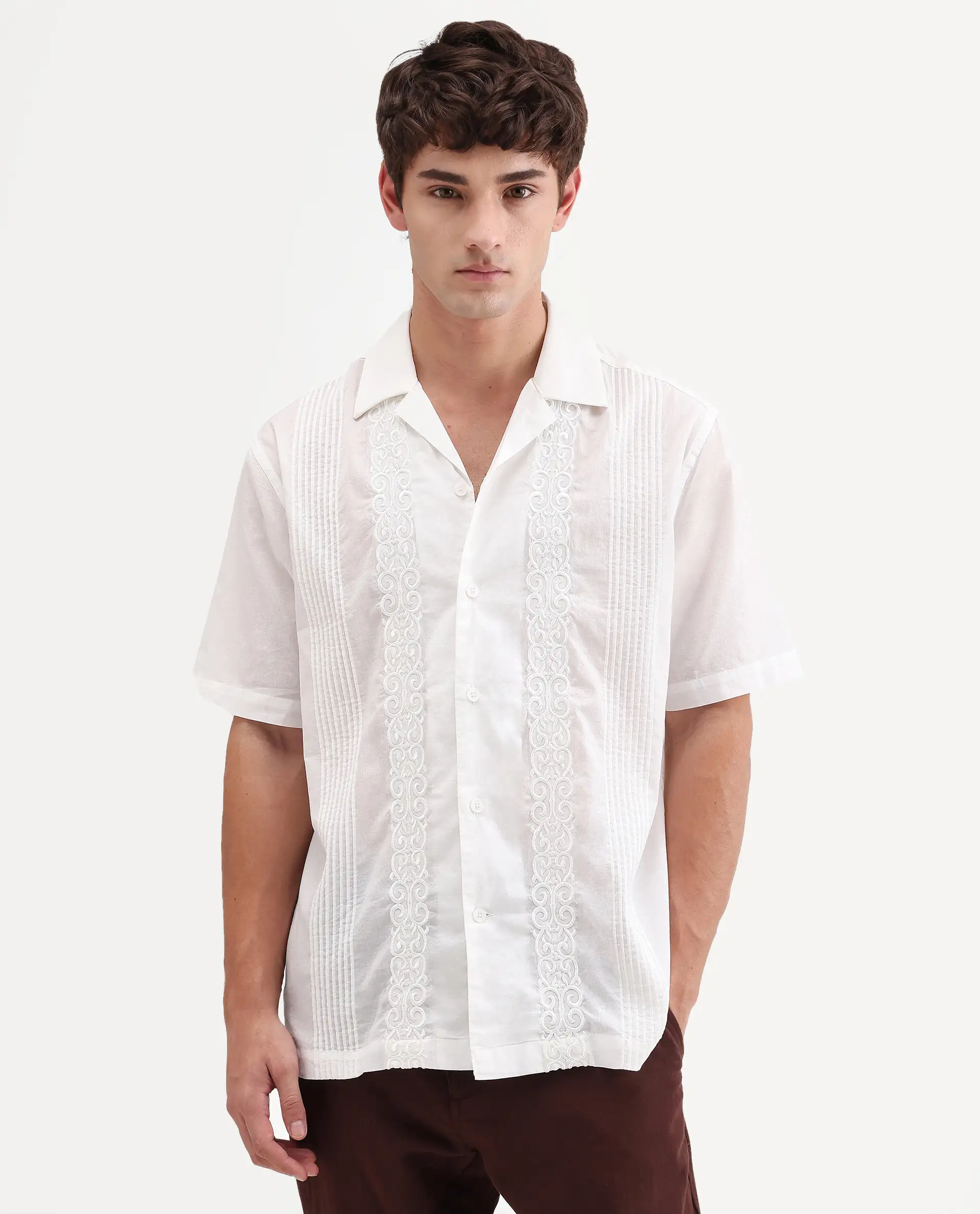 Rare Rabbit Men's Tuko White Cotton Fabric Half Sleeve Cuban Collar Relaxed fit Embroidered Shirt - Image 5