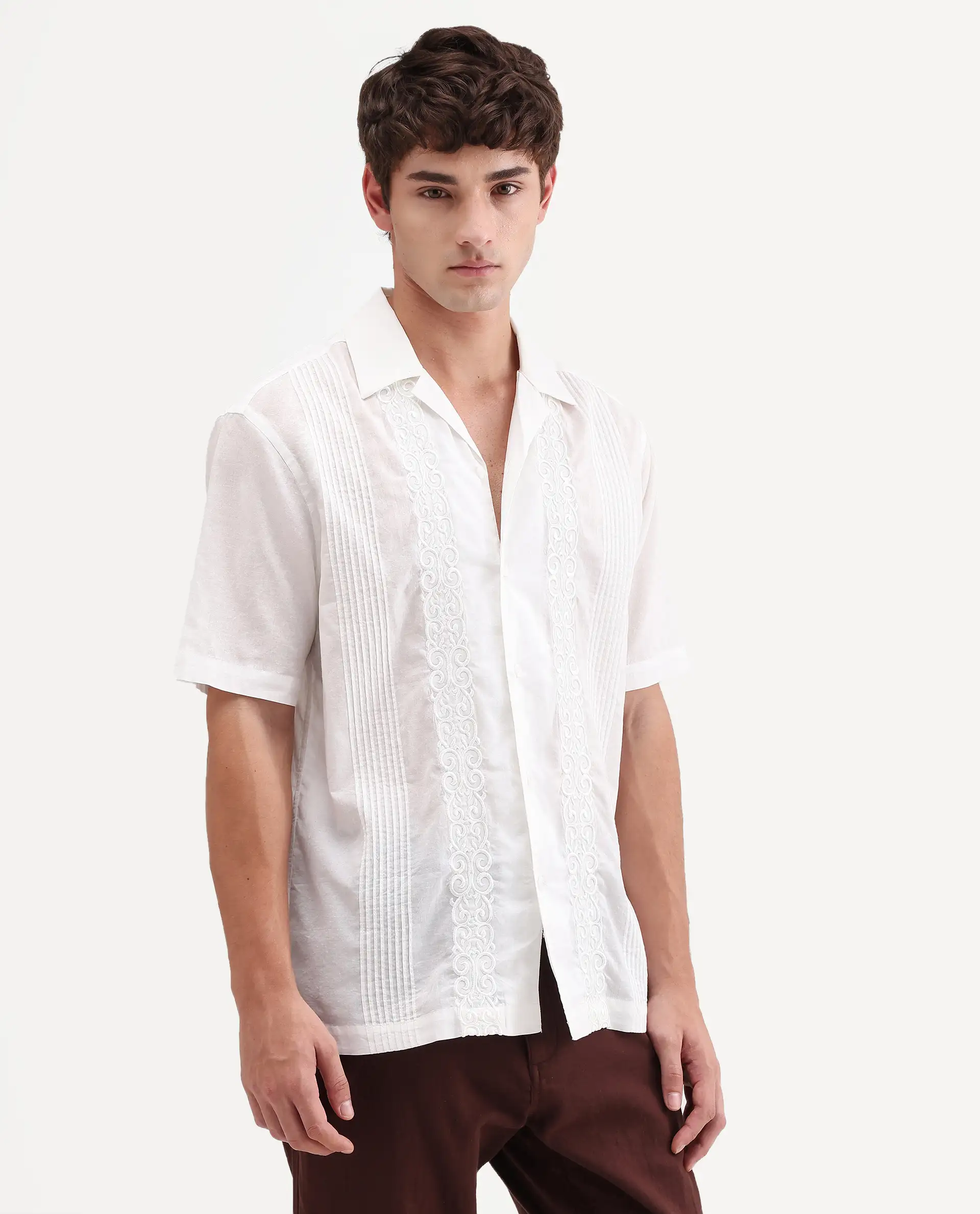 Rare Rabbit Men's Tuko White Cotton Fabric Half Sleeve Cuban Collar Relaxed fit Embroidered Shirt - Image 6