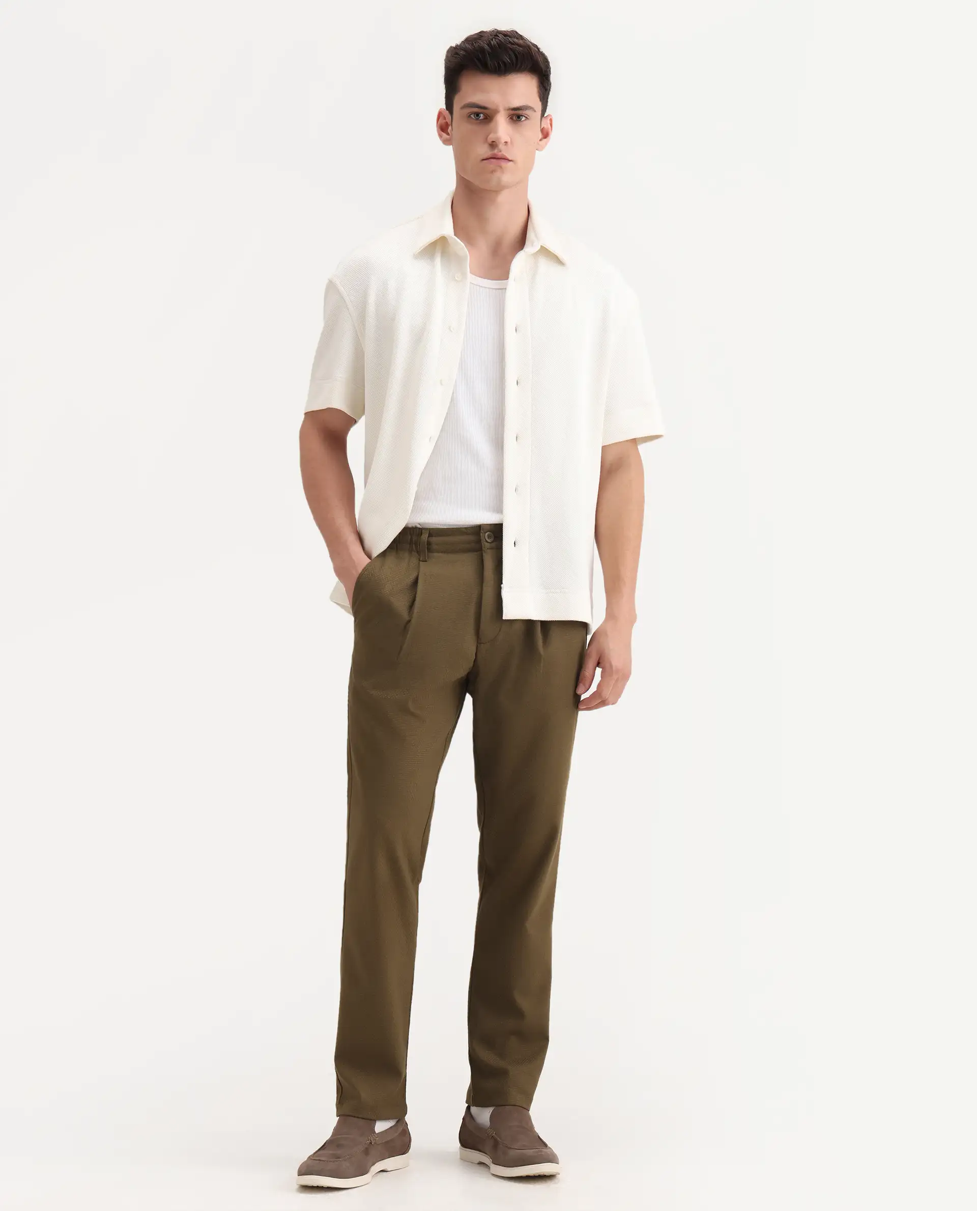 Rare Rabbit Men's Tula Light Olive Cotton Plain Relaxed Fit Trouser - Image 5