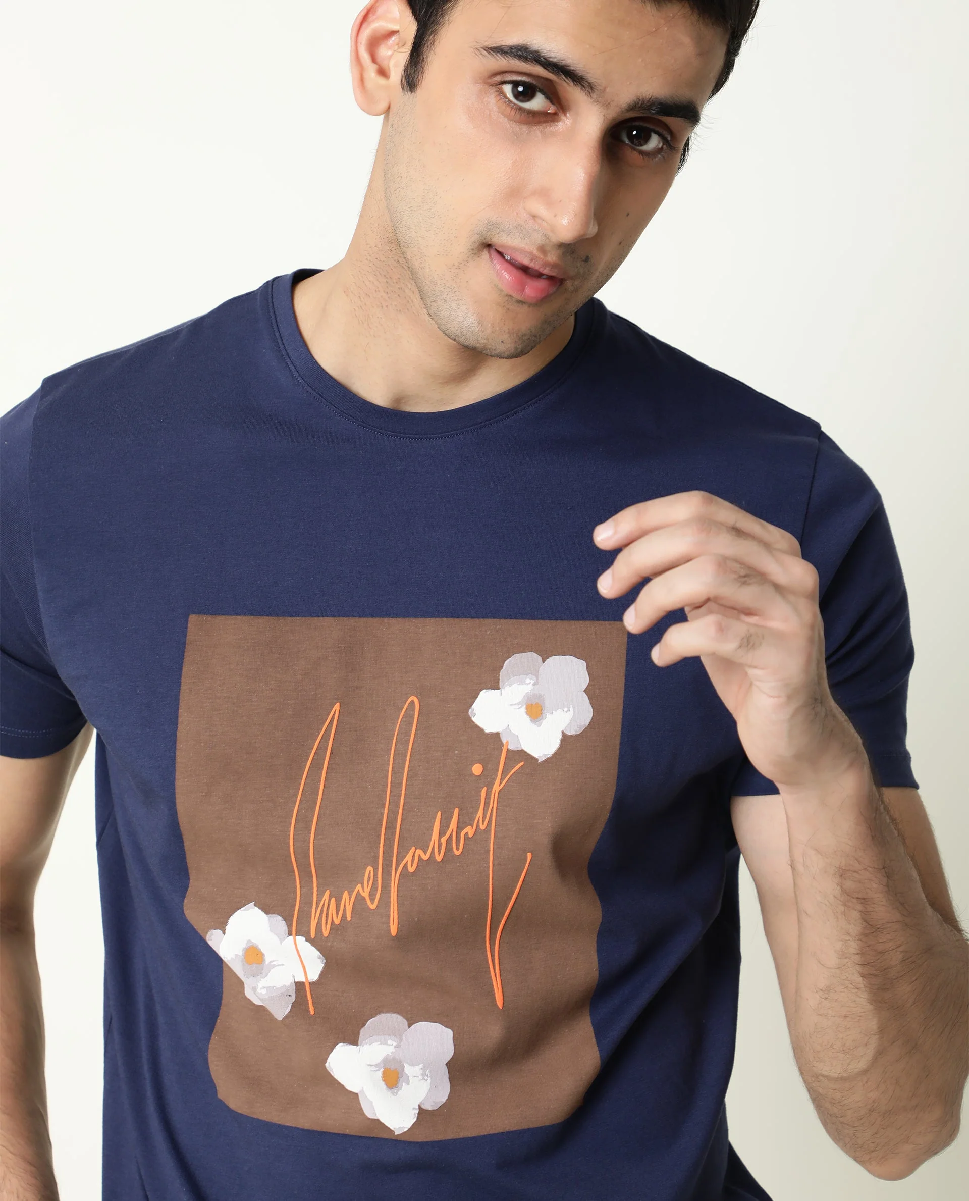 Rare Rabbit Men's Tule Navy Cotton Graphic Print Slim Fit Half Sleeve Crew Neck T-Shirt