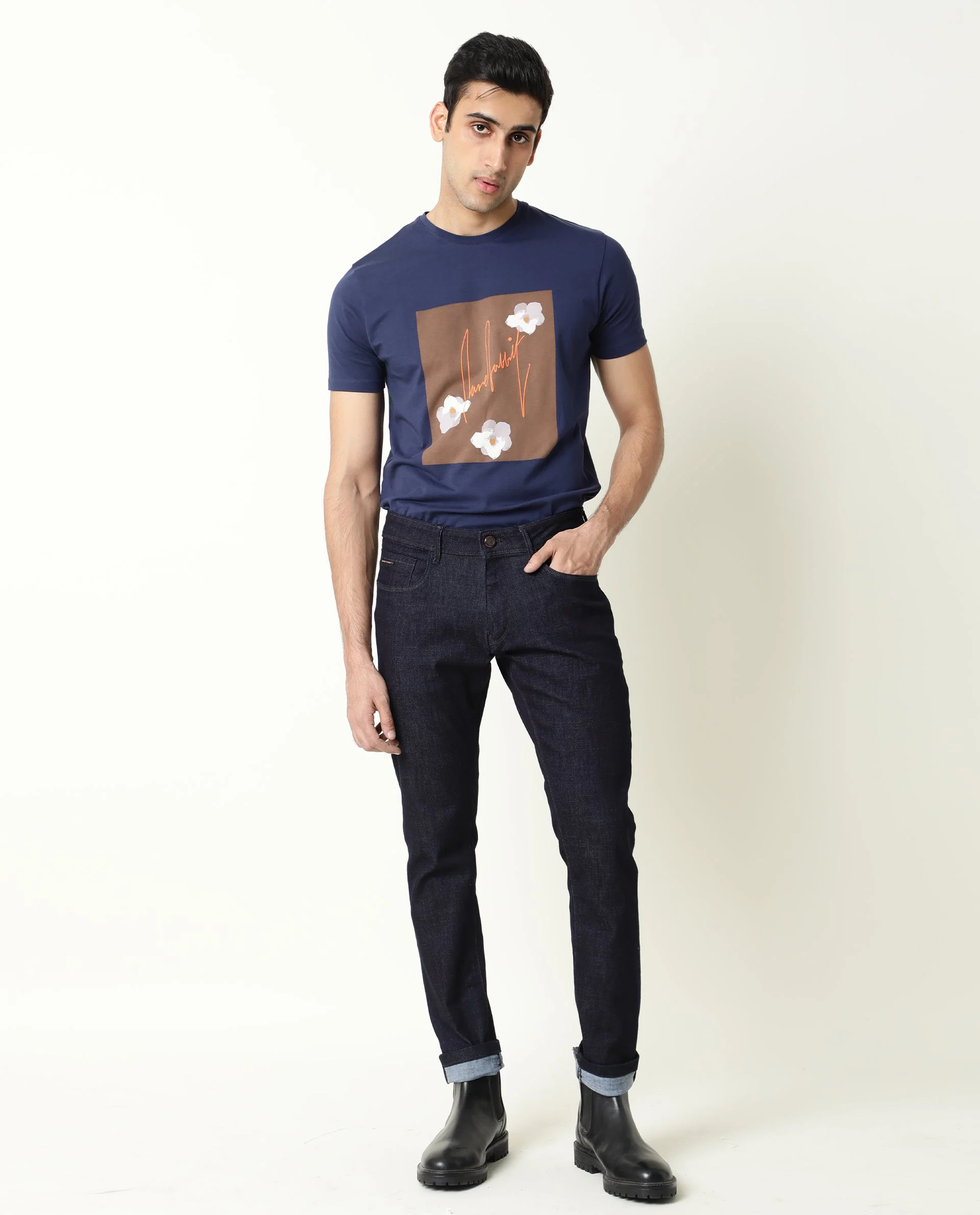 Rare Rabbit Men's Tule Navy Cotton Graphic Print Slim Fit Half Sleeve Crew Neck T-Shirt - Image 4