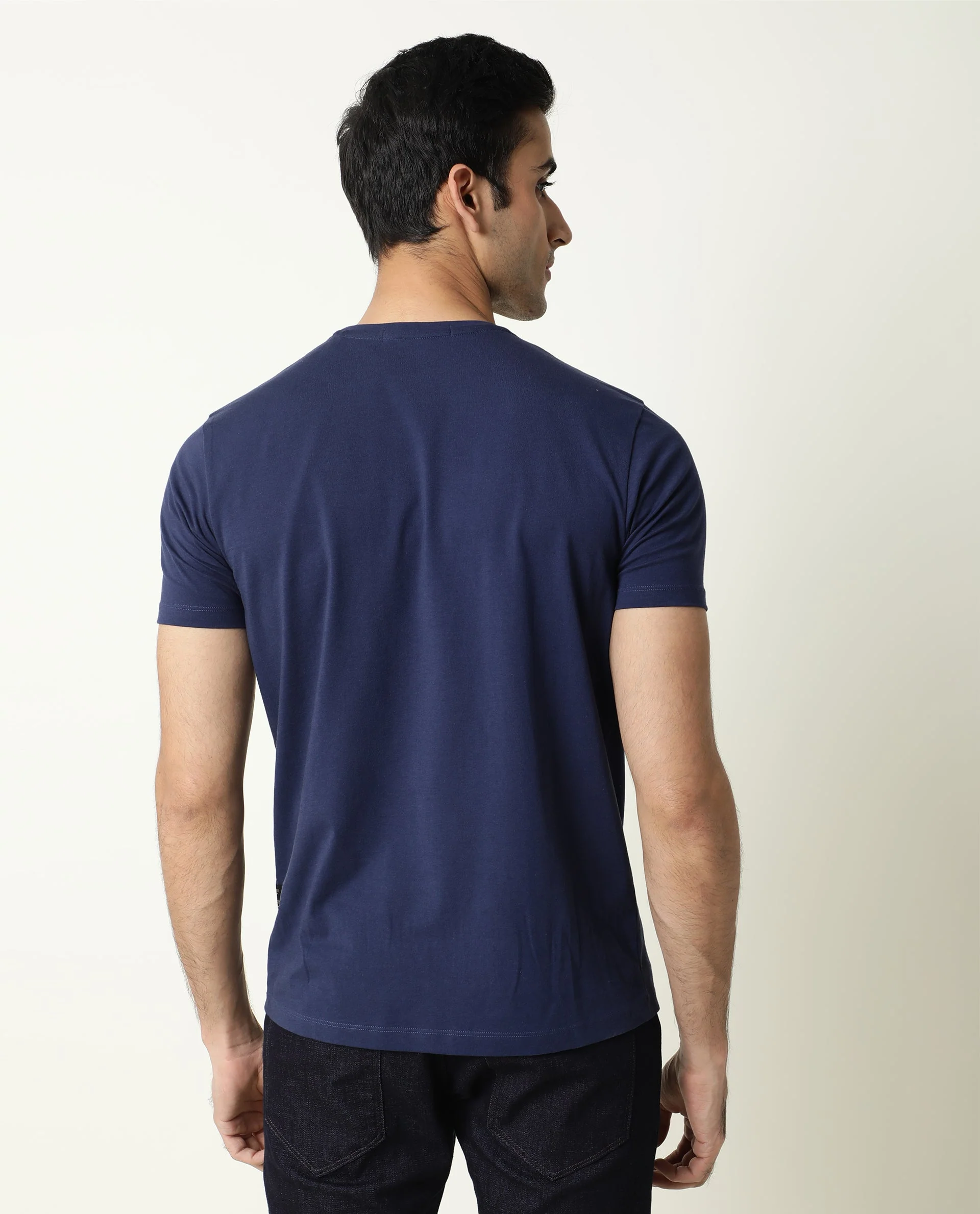 Rare Rabbit Men's Tule Navy Cotton Graphic Print Slim Fit Half Sleeve Crew Neck T-Shirt - Image 5