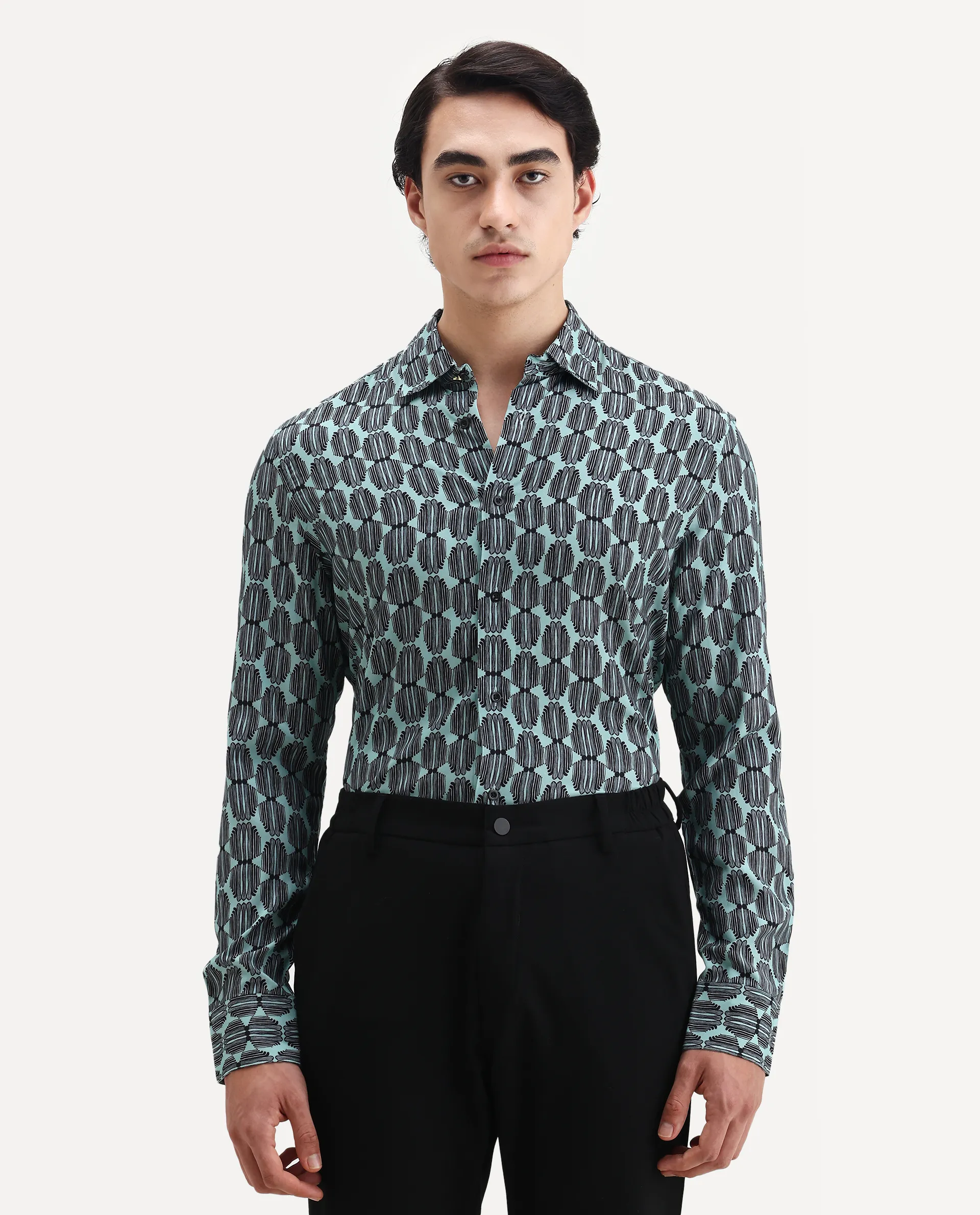 Rare Rabbit Men's Tulls Dusky Turq Viscose Abstract Print Regular Fit Full Sleeve Collared Shirt - Image 4