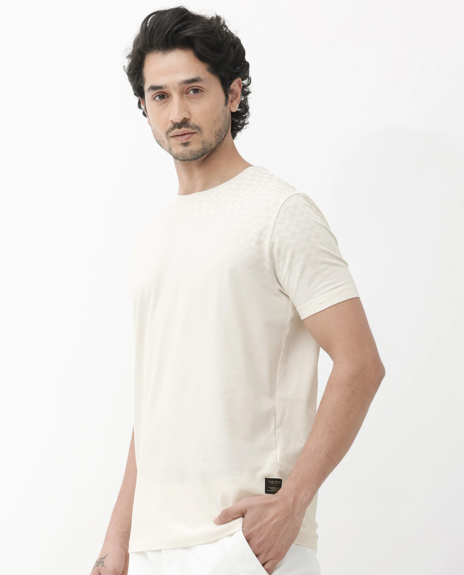 Rare Rabbit Articale Mens Tully Beige Cotton Polyester Fabric Short Sleeve Crew Neck Regular Fit Monogram Printed T-Shirt - Image 10