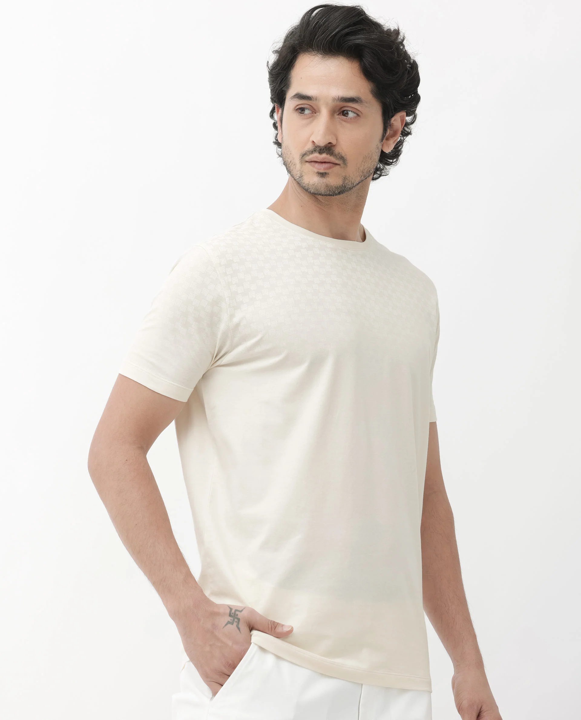 Rare Rabbit Articale Mens Tully Beige Cotton Polyester Fabric Short Sleeve Crew Neck Regular Fit Monogram Printed T-Shirt - Image 11