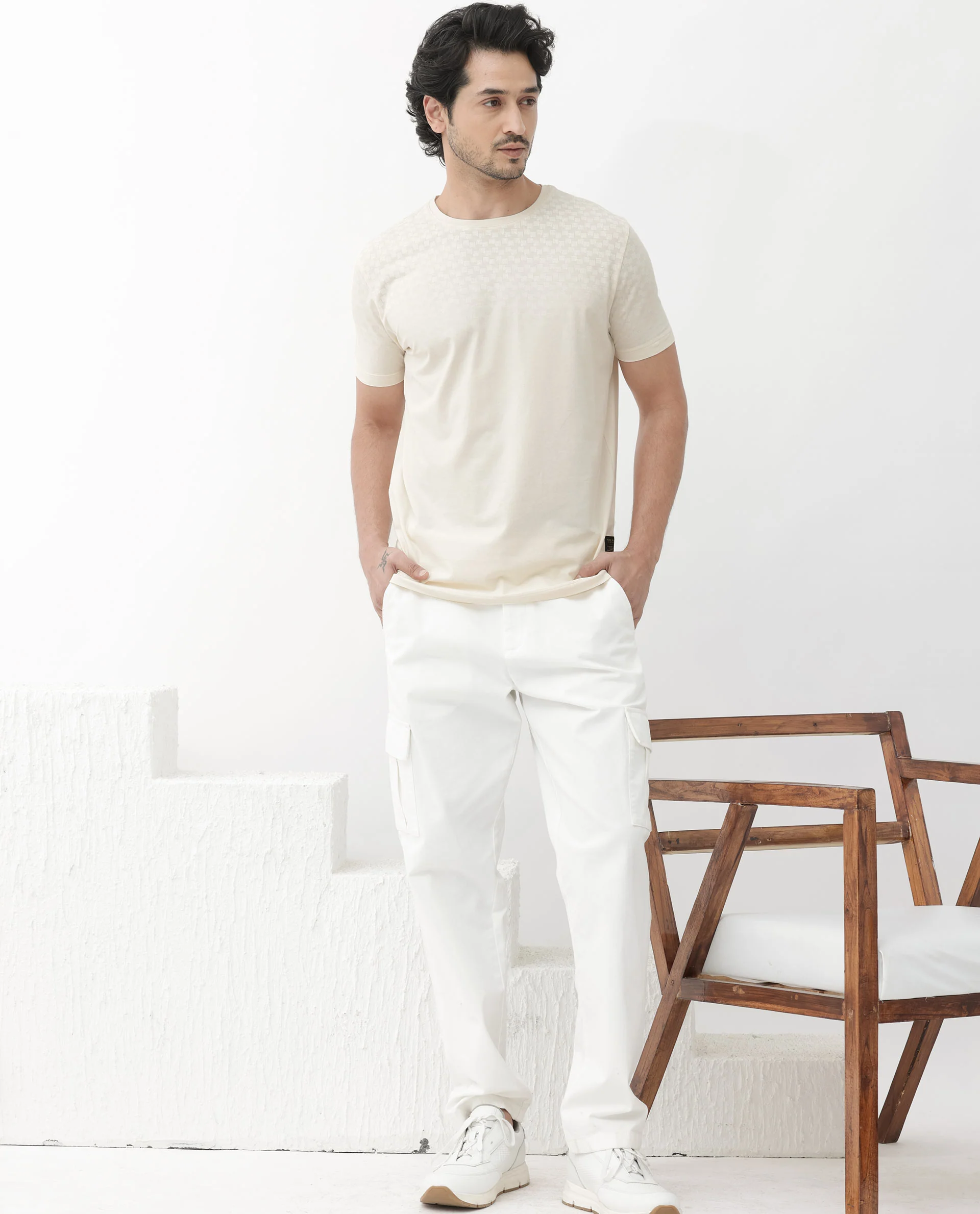 Rare Rabbit Articale Mens Tully Beige Cotton Polyester Fabric Short Sleeve Crew Neck Regular Fit Monogram Printed T-Shirt - Image 2