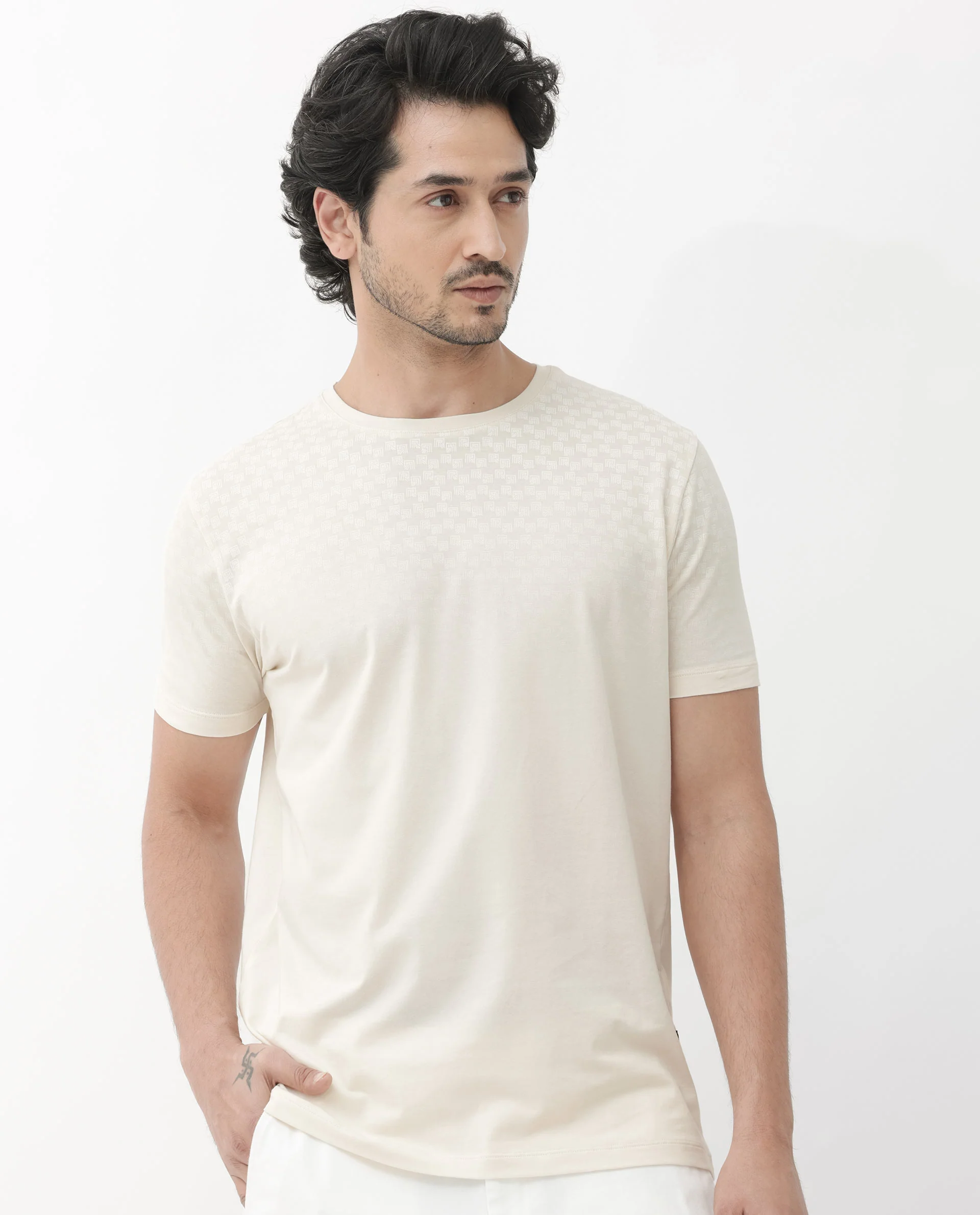Rare Rabbit Articale Mens Tully Beige Cotton Polyester Fabric Short Sleeve Crew Neck Regular Fit Monogram Printed T-Shirt - Image 3