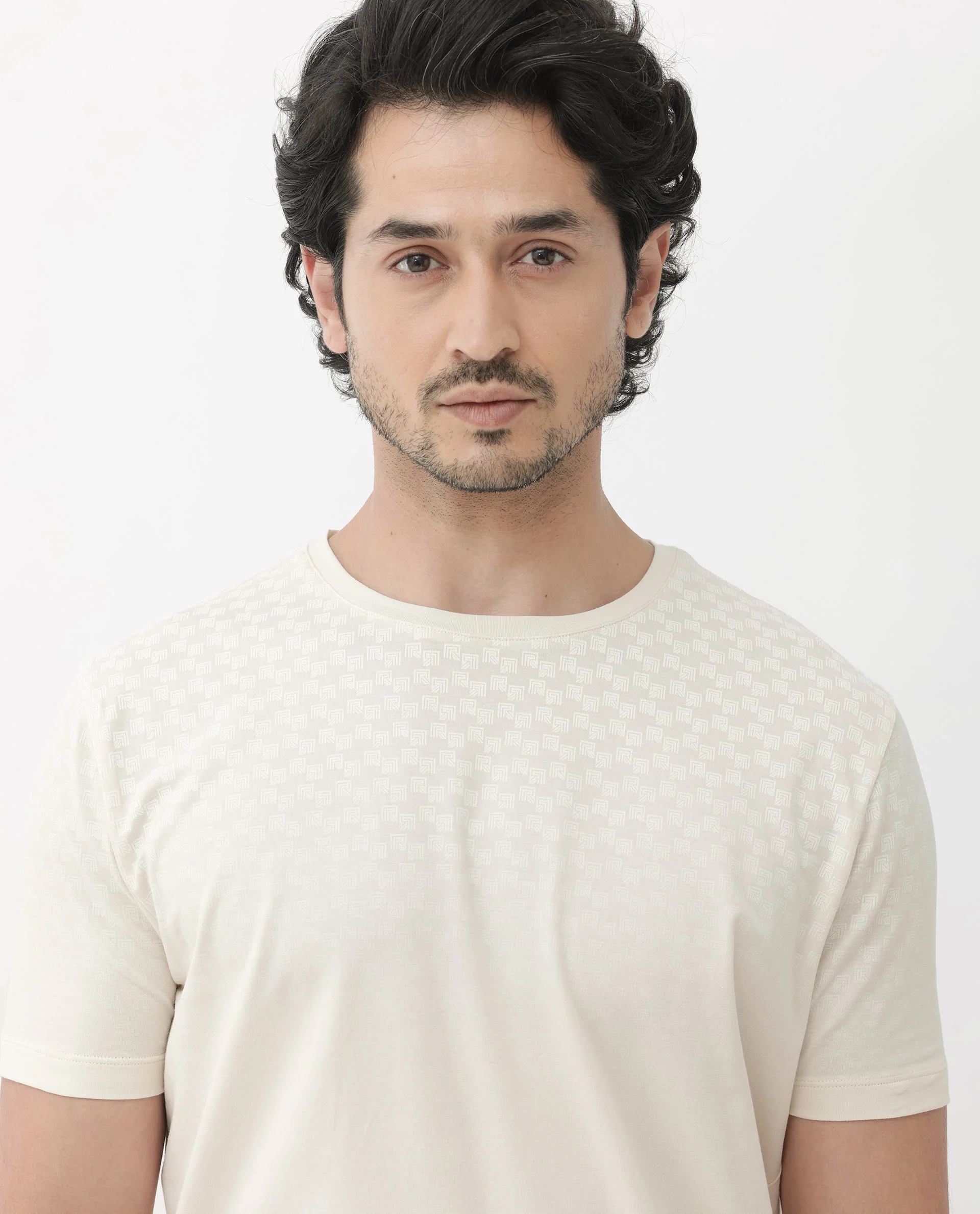 Rare Rabbit Articale Mens Tully Beige Cotton Polyester Fabric Short Sleeve Crew Neck Regular Fit Monogram Printed T-Shirt - Image 5