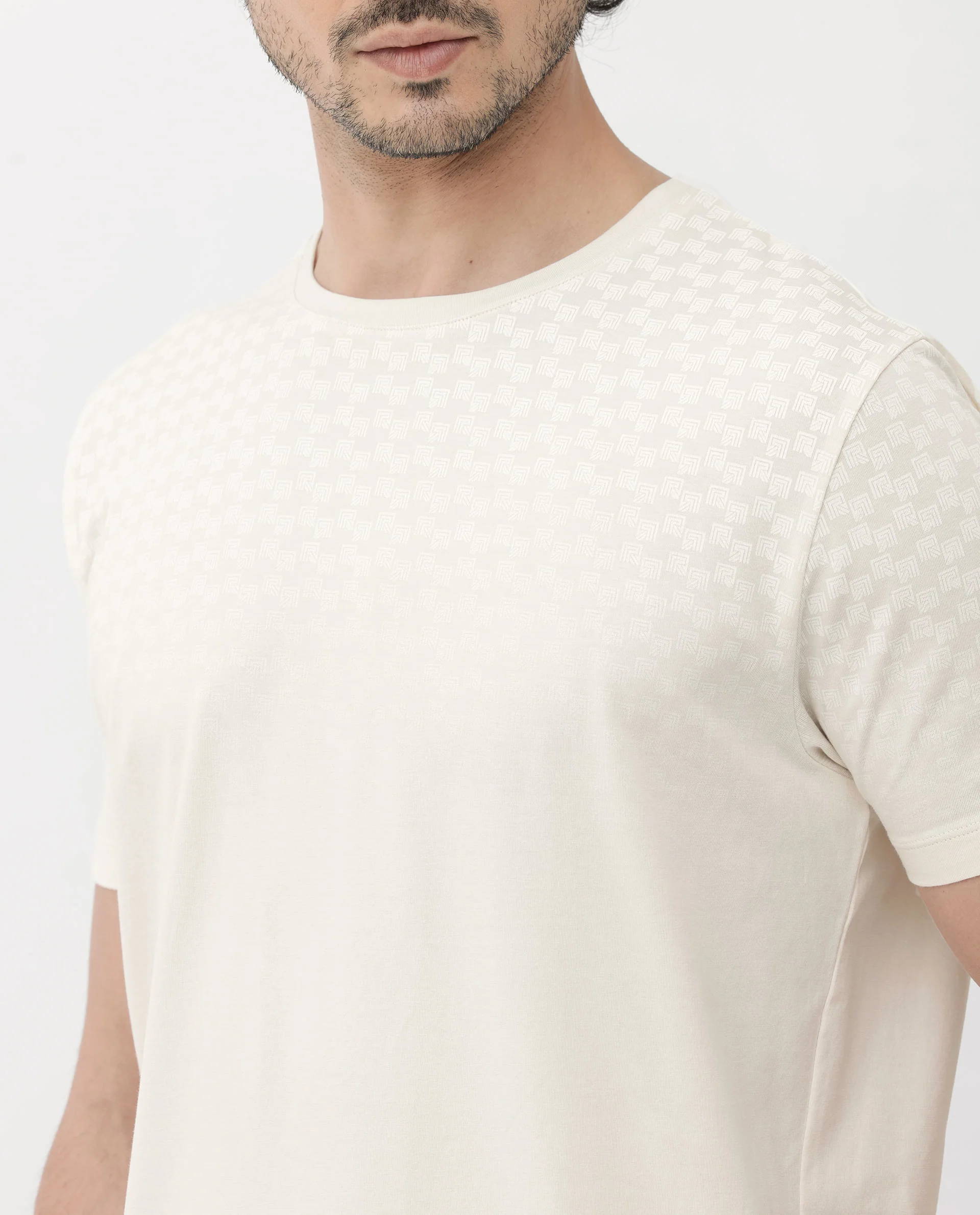 Rare Rabbit Articale Mens Tully Beige Cotton Polyester Fabric Short Sleeve Crew Neck Regular Fit Monogram Printed T-Shirt - Image 6