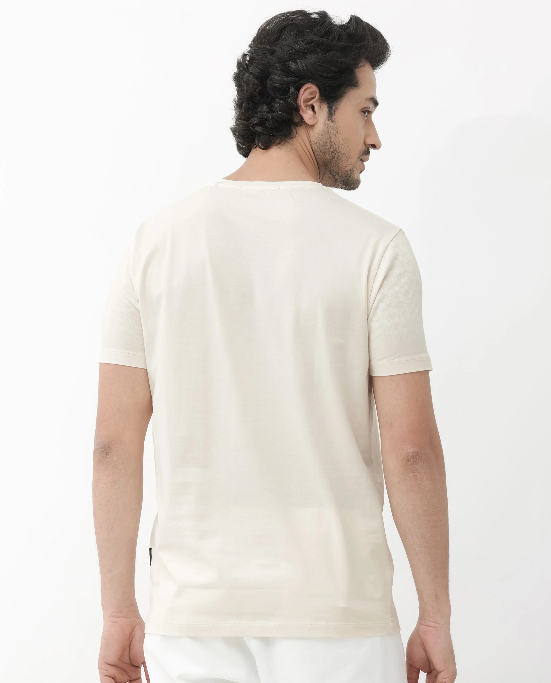 Rare Rabbit Articale Mens Tully Beige Cotton Polyester Fabric Short Sleeve Crew Neck Regular Fit Monogram Printed T-Shirt - Image 8