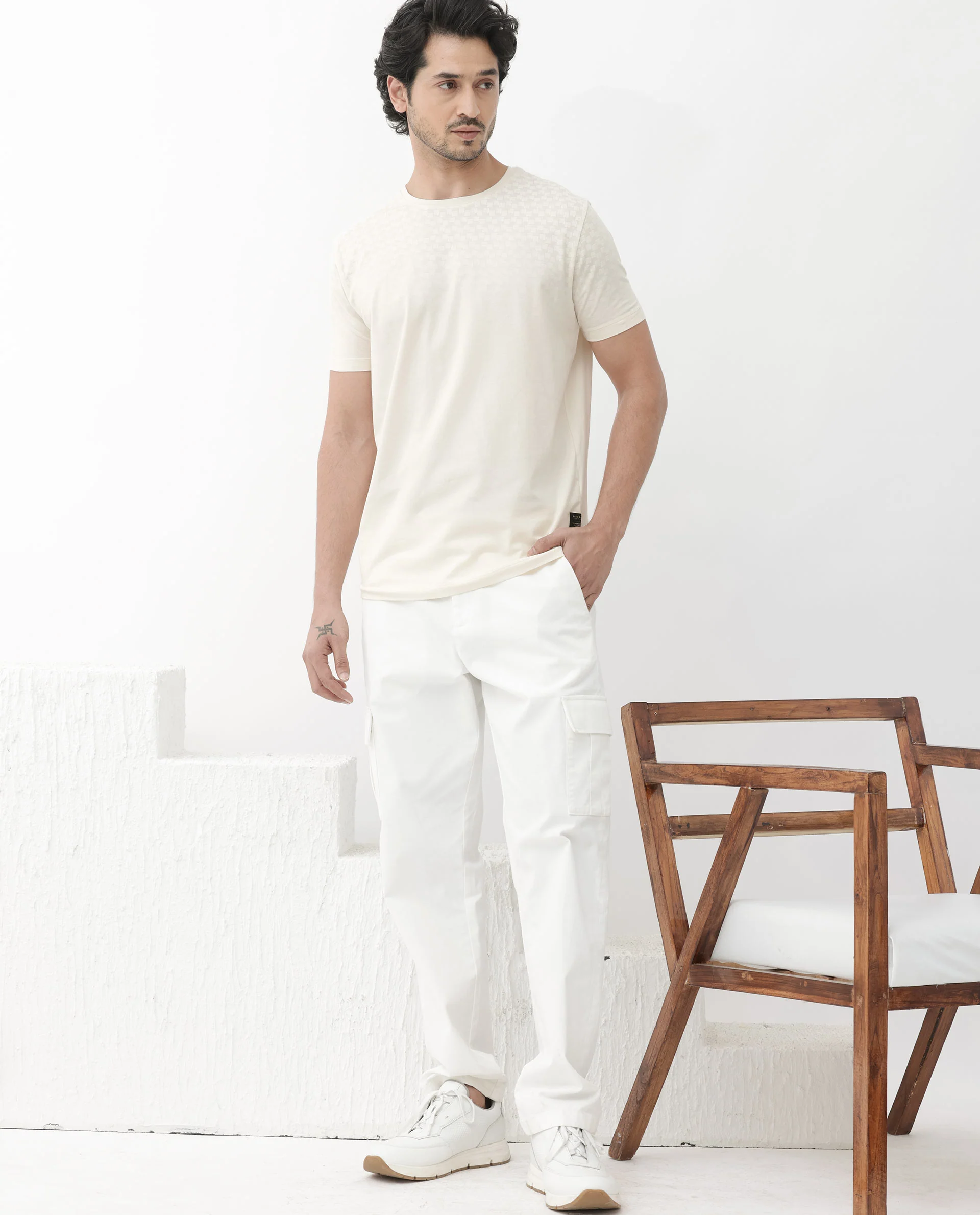 Rare Rabbit Articale Mens Tully Beige Cotton Polyester Fabric Short Sleeve Crew Neck Regular Fit Monogram Printed T-Shirt - Image 9