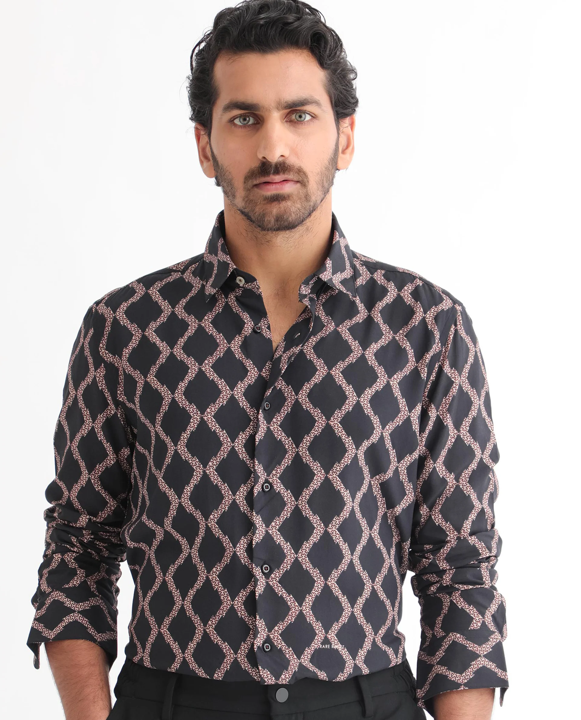Rare Rabbit Men's Tulsa Black Viscose Geometric Print Regular Fit Full Sleeve Collared Shirt - Image 2
