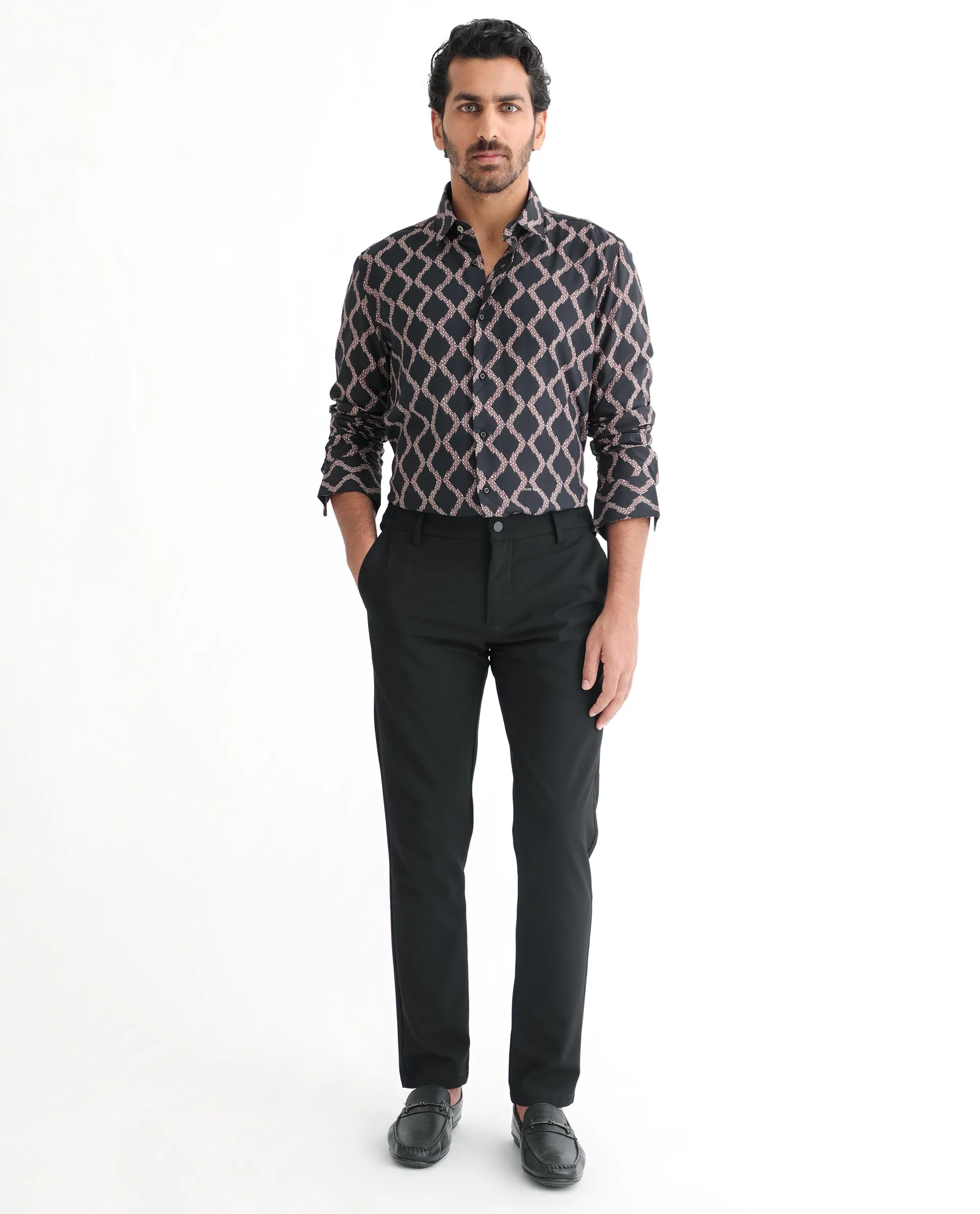 Rare Rabbit Men's Tulsa Black Viscose Geometric Print Regular Fit Full Sleeve Collared Shirt - Image 3