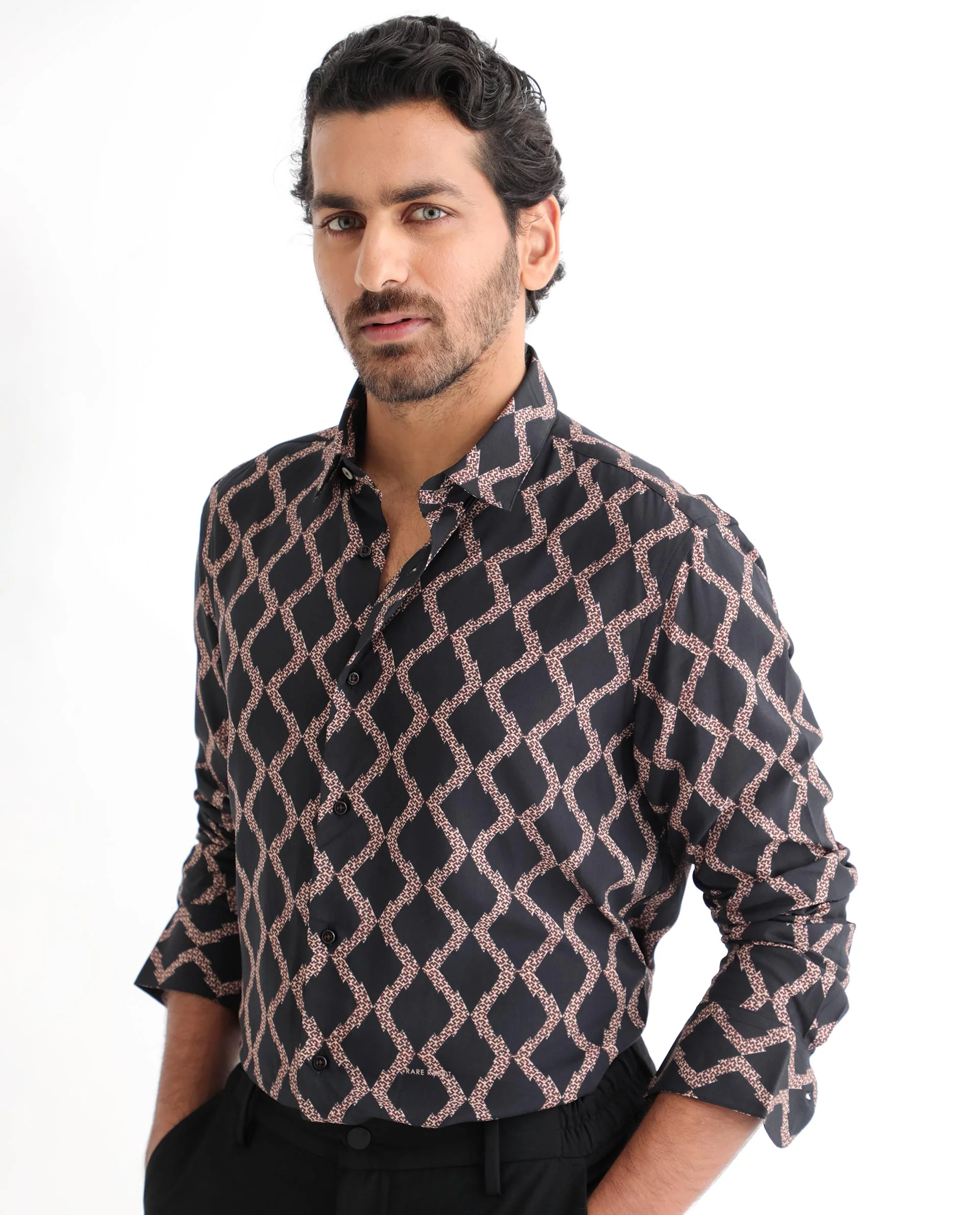 Rare Rabbit Men's Tulsa Black Viscose Geometric Print Regular Fit Full Sleeve Collared Shirt - Image 4