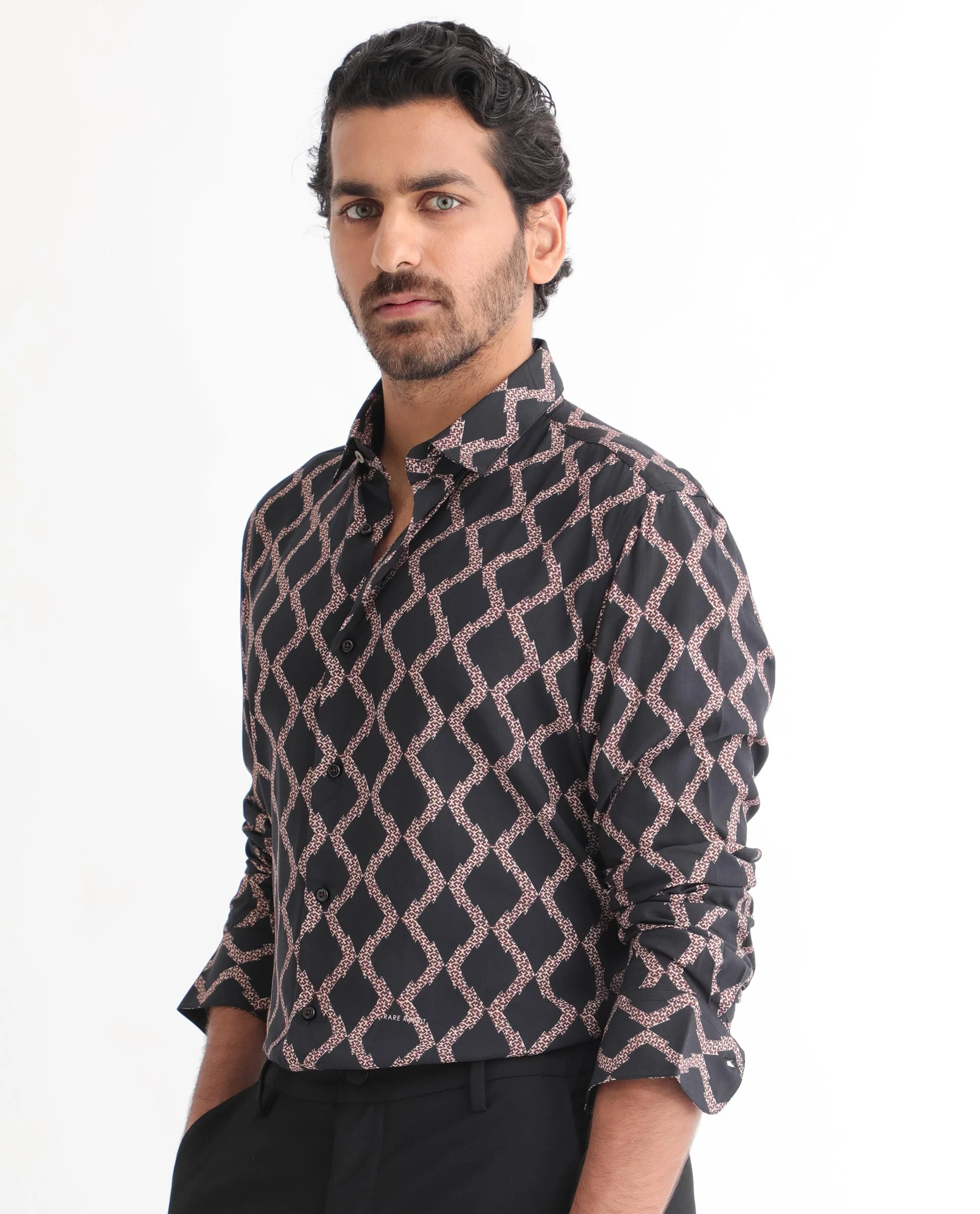 Rare Rabbit Men's Tulsa Black Viscose Geometric Print Regular Fit Full Sleeve Collared Shirt - Image 7