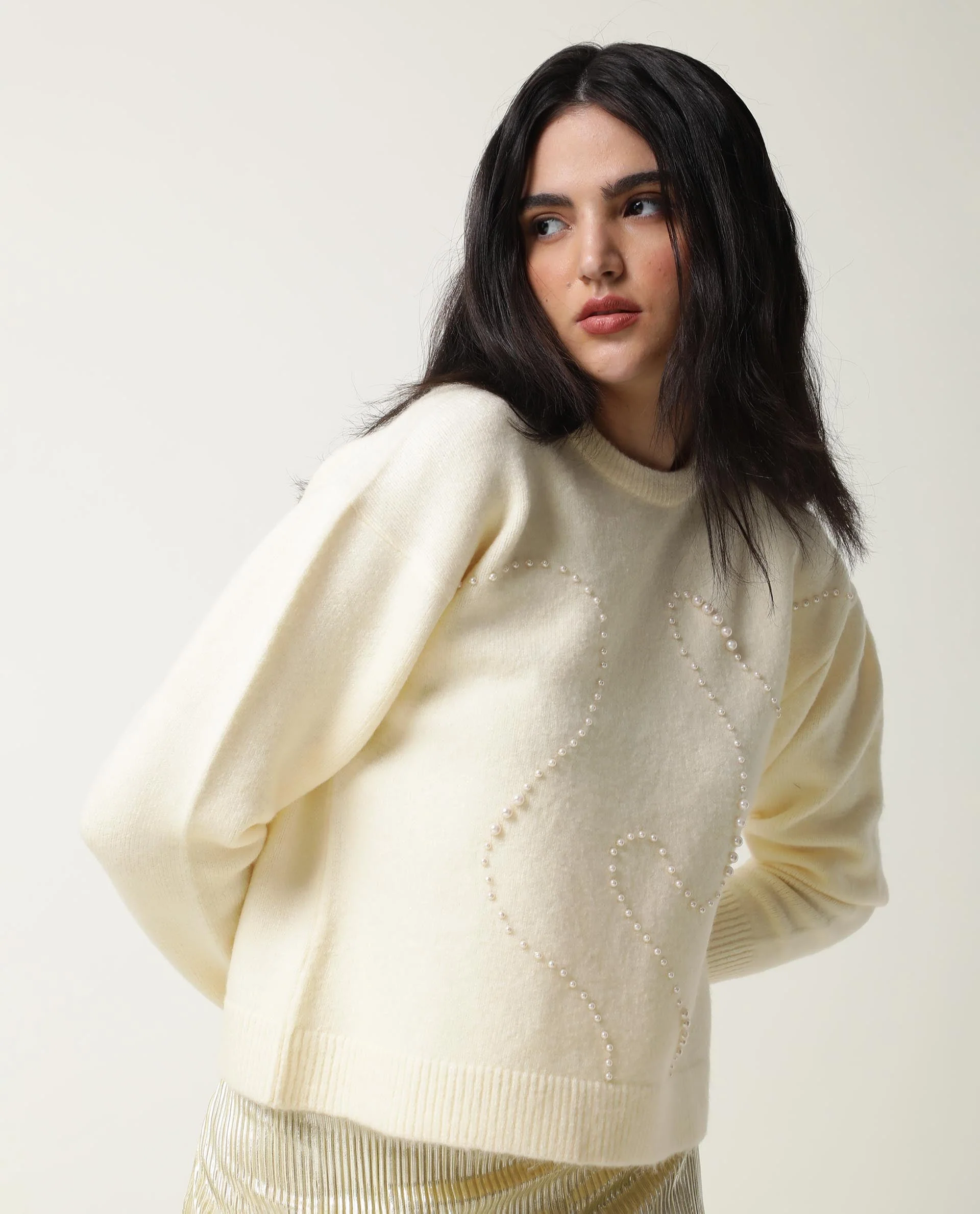 Rareism Women's Tulsy Offwhite Acrylic Crew Neck Embellished Knee Length Regular Fit Sweater
