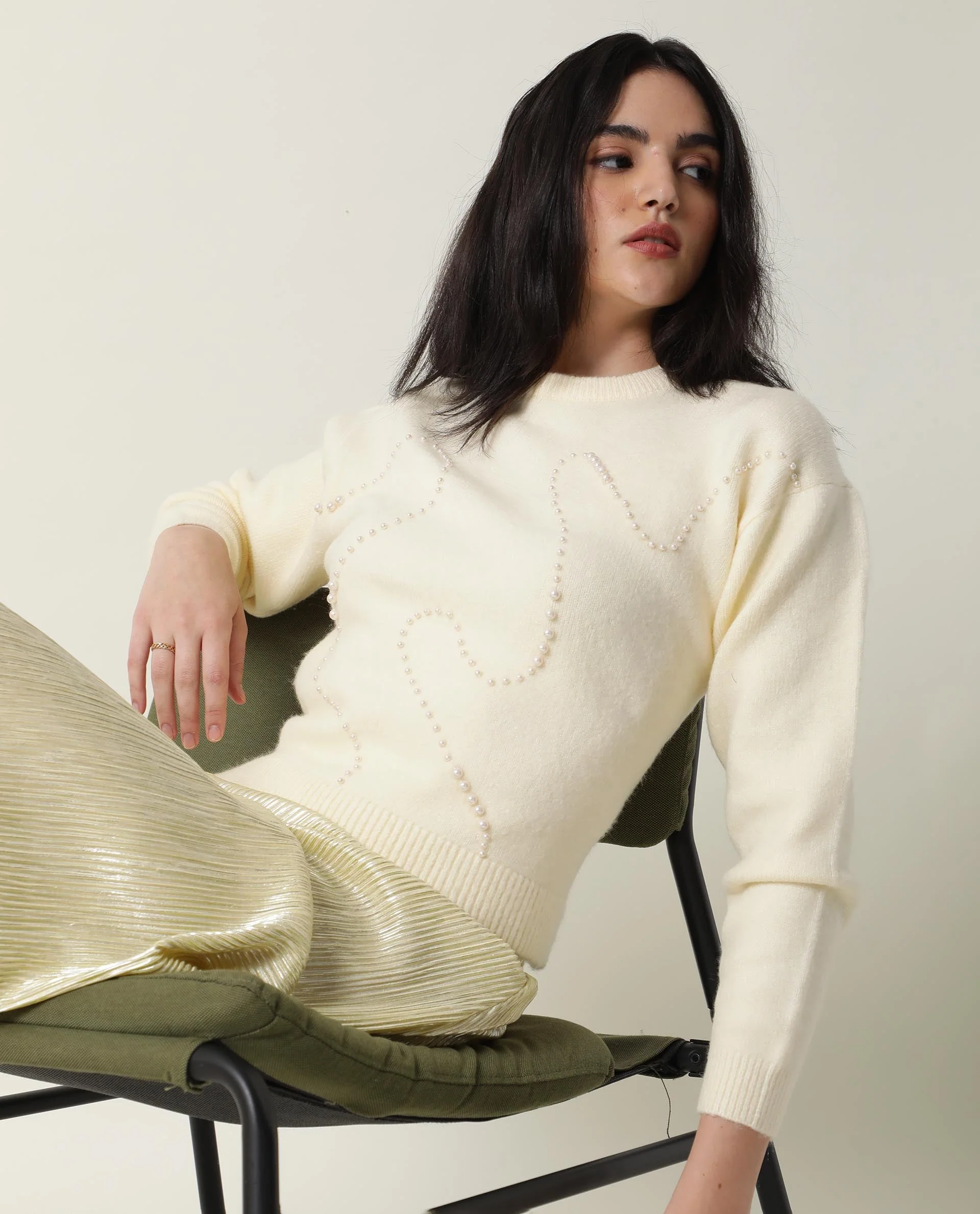 Rareism Women's Tulsy Offwhite Acrylic Crew Neck Embellished Knee Length Regular Fit Sweater - Image 10