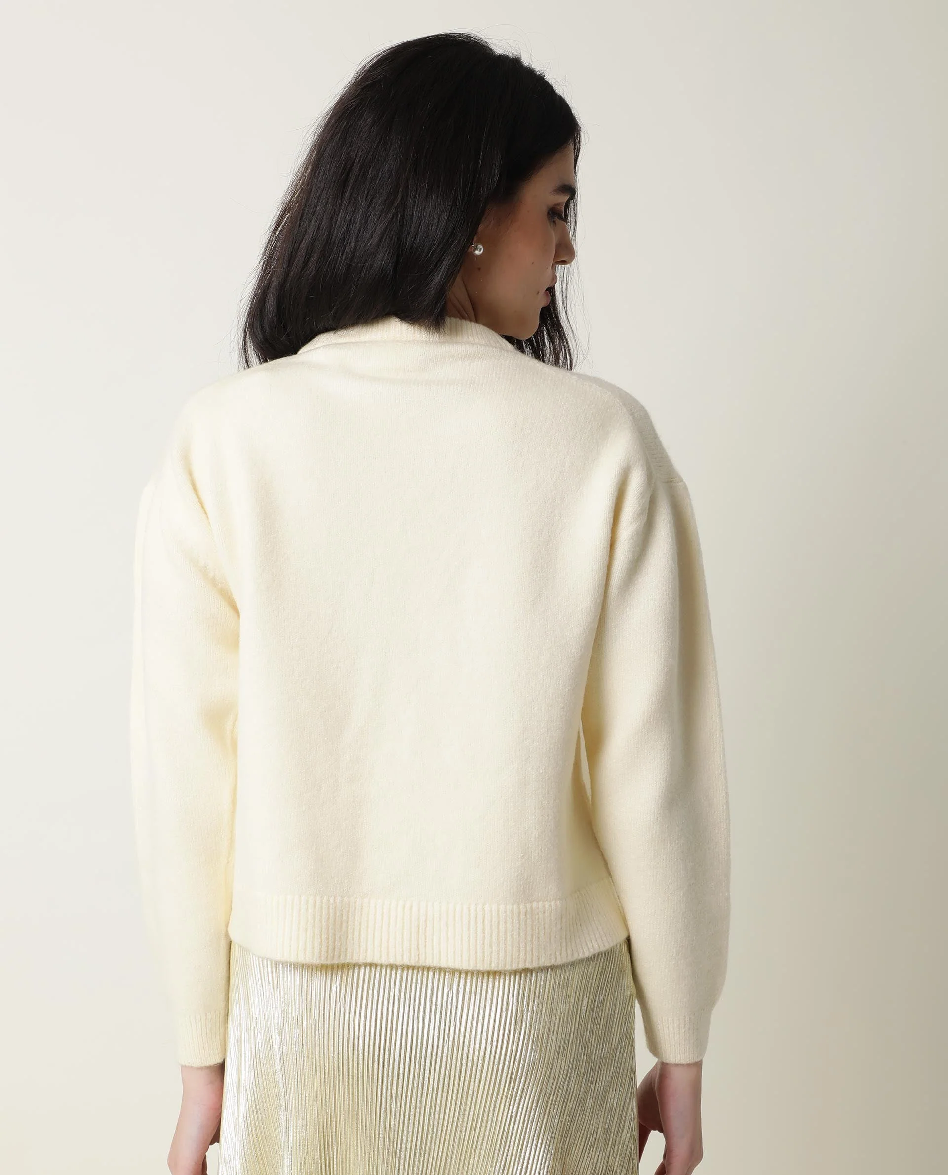 Rareism Women's Tulsy Offwhite Acrylic Crew Neck Embellished Knee Length Regular Fit Sweater - Image 11