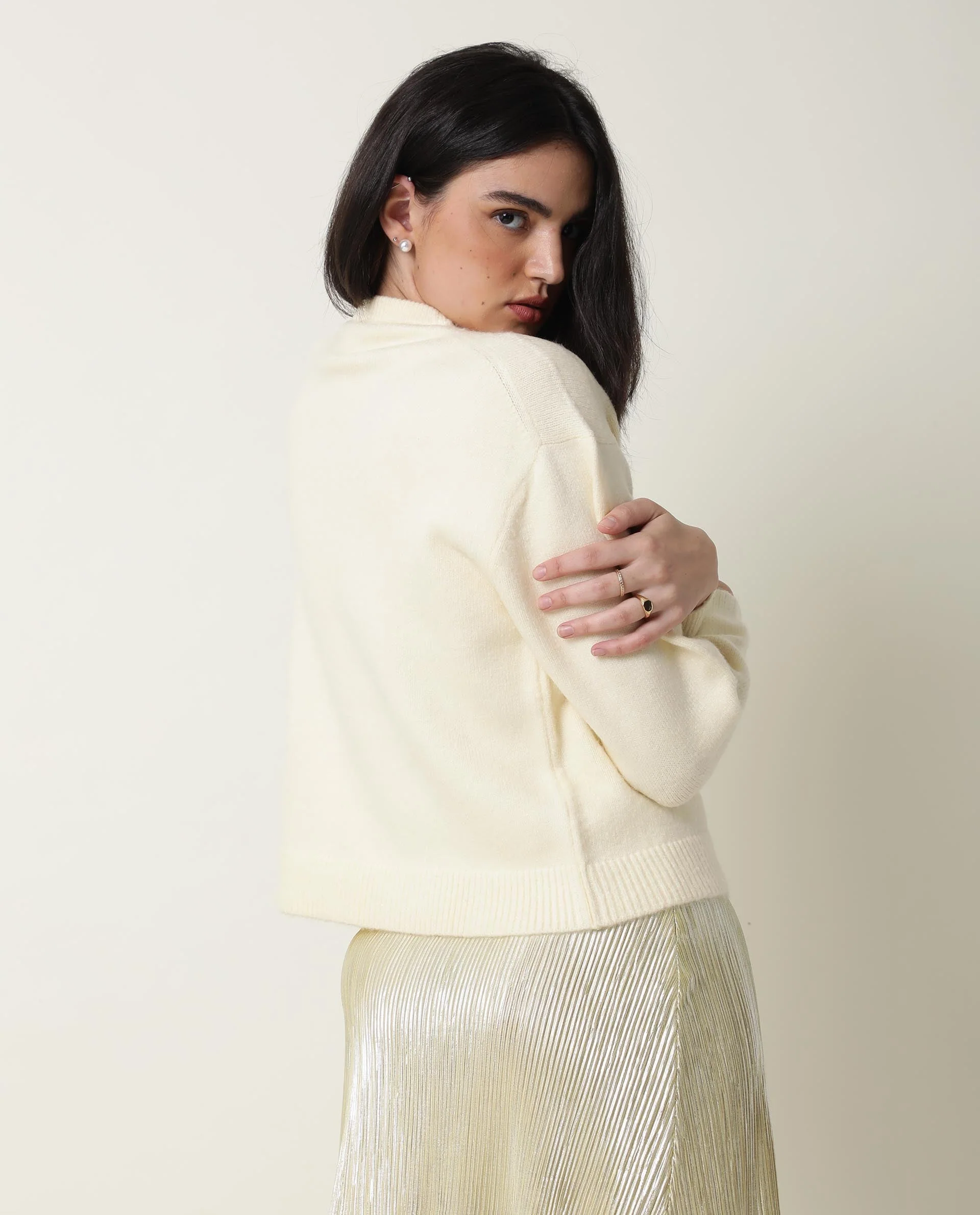 Rareism Women's Tulsy Offwhite Acrylic Crew Neck Embellished Knee Length Regular Fit Sweater - Image 12