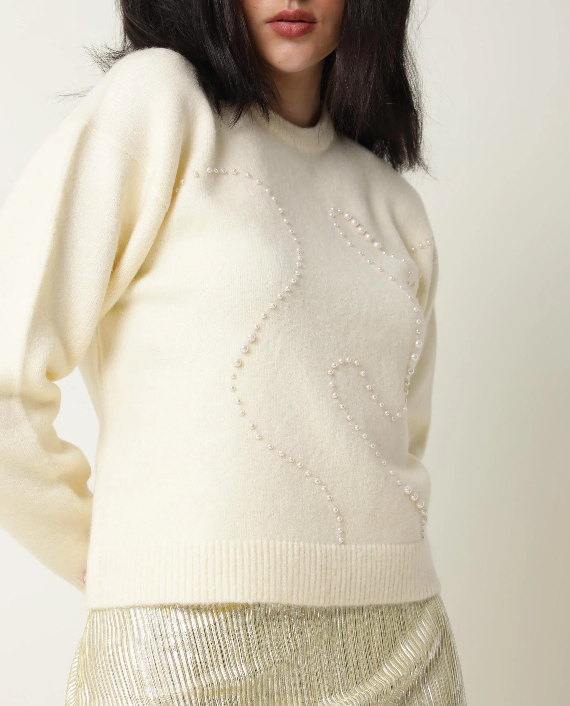Rareism Women's Tulsy Offwhite Acrylic Crew Neck Embellished Knee Length Regular Fit Sweater - Image 2