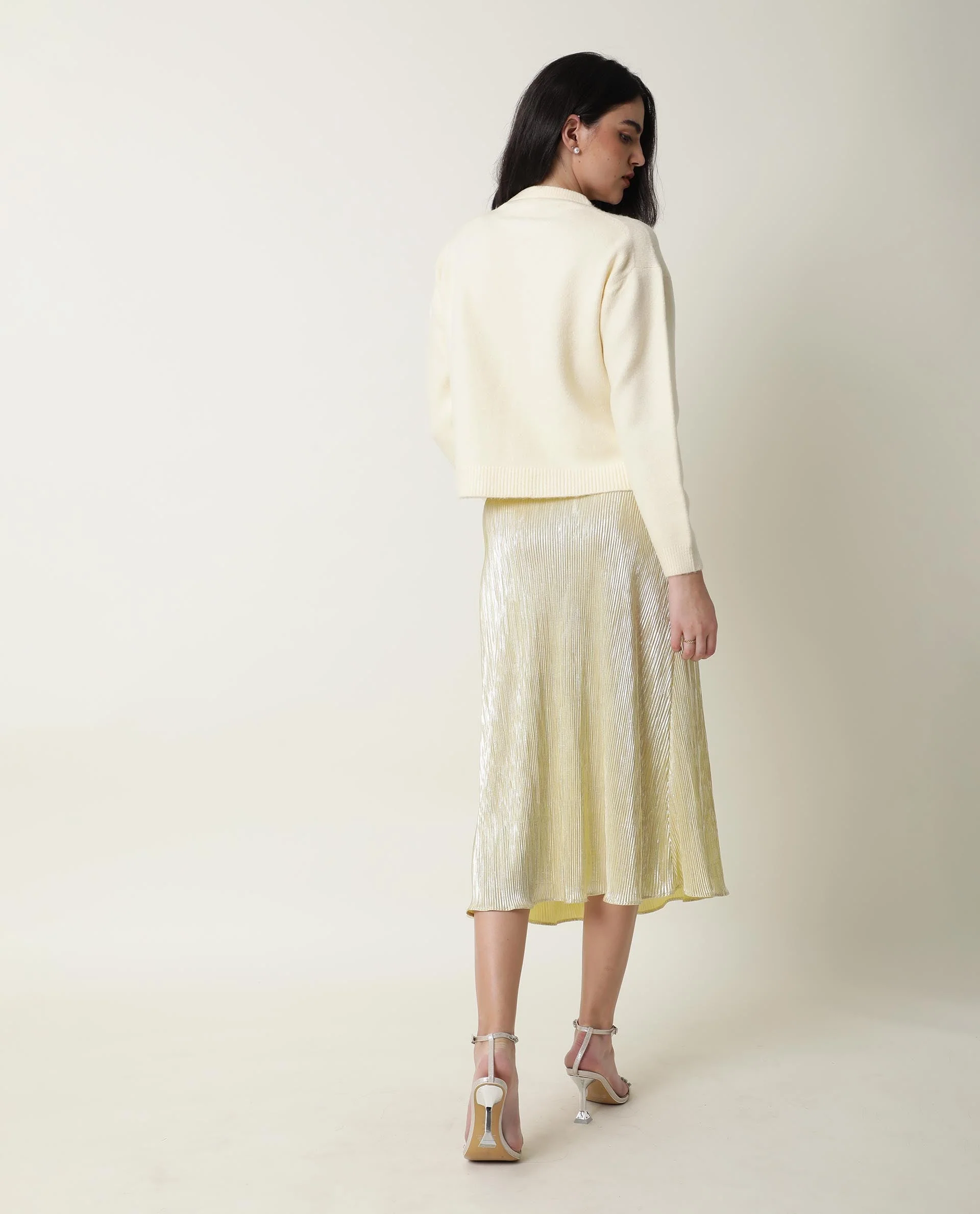 Rareism Women's Tulsy Offwhite Acrylic Crew Neck Embellished Knee Length Regular Fit Sweater - Image 3