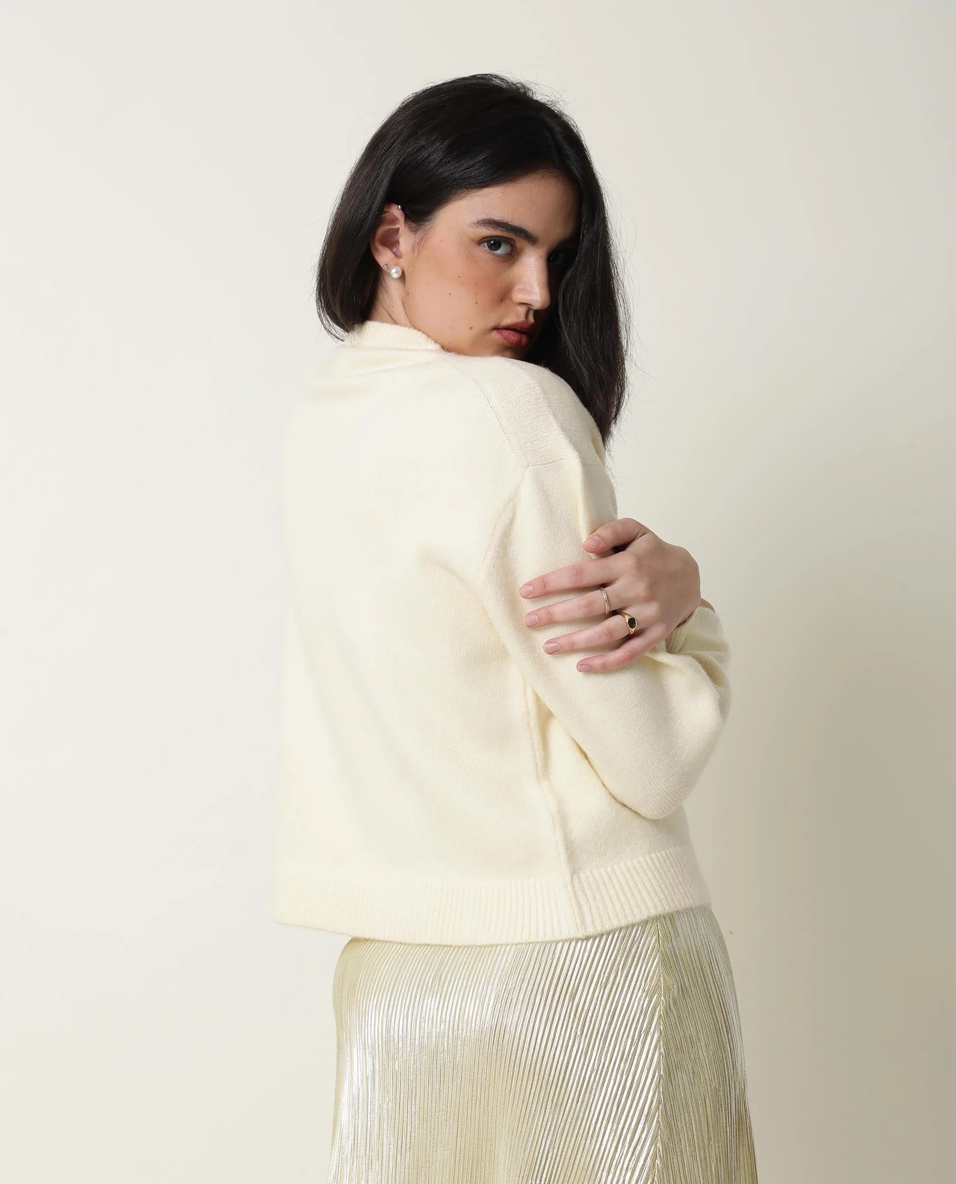 Rareism Women's Tulsy Offwhite Acrylic Crew Neck Embellished Knee Length Regular Fit Sweater - Image 4