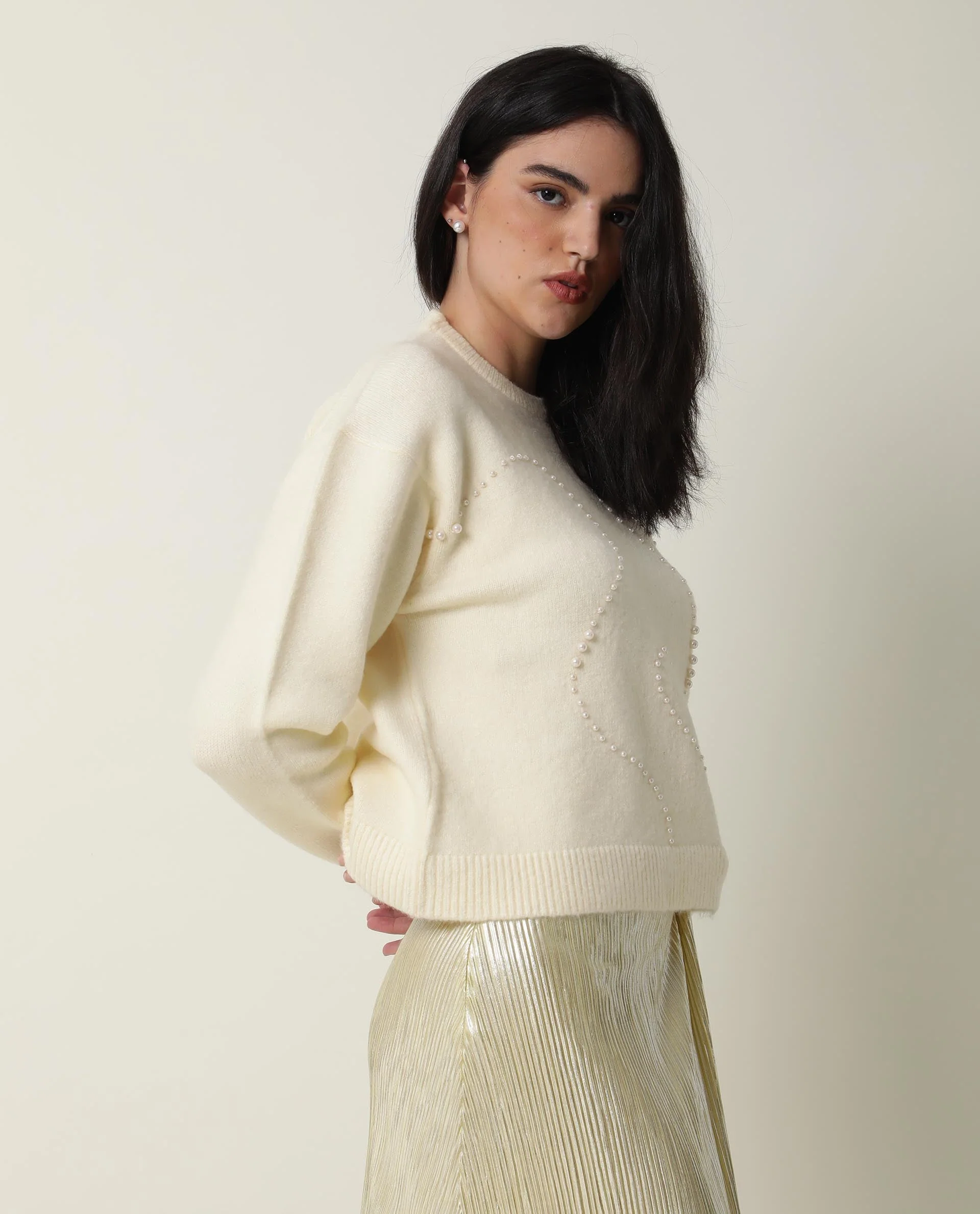 Rareism Women's Tulsy Offwhite Acrylic Crew Neck Embellished Knee Length Regular Fit Sweater - Image 5