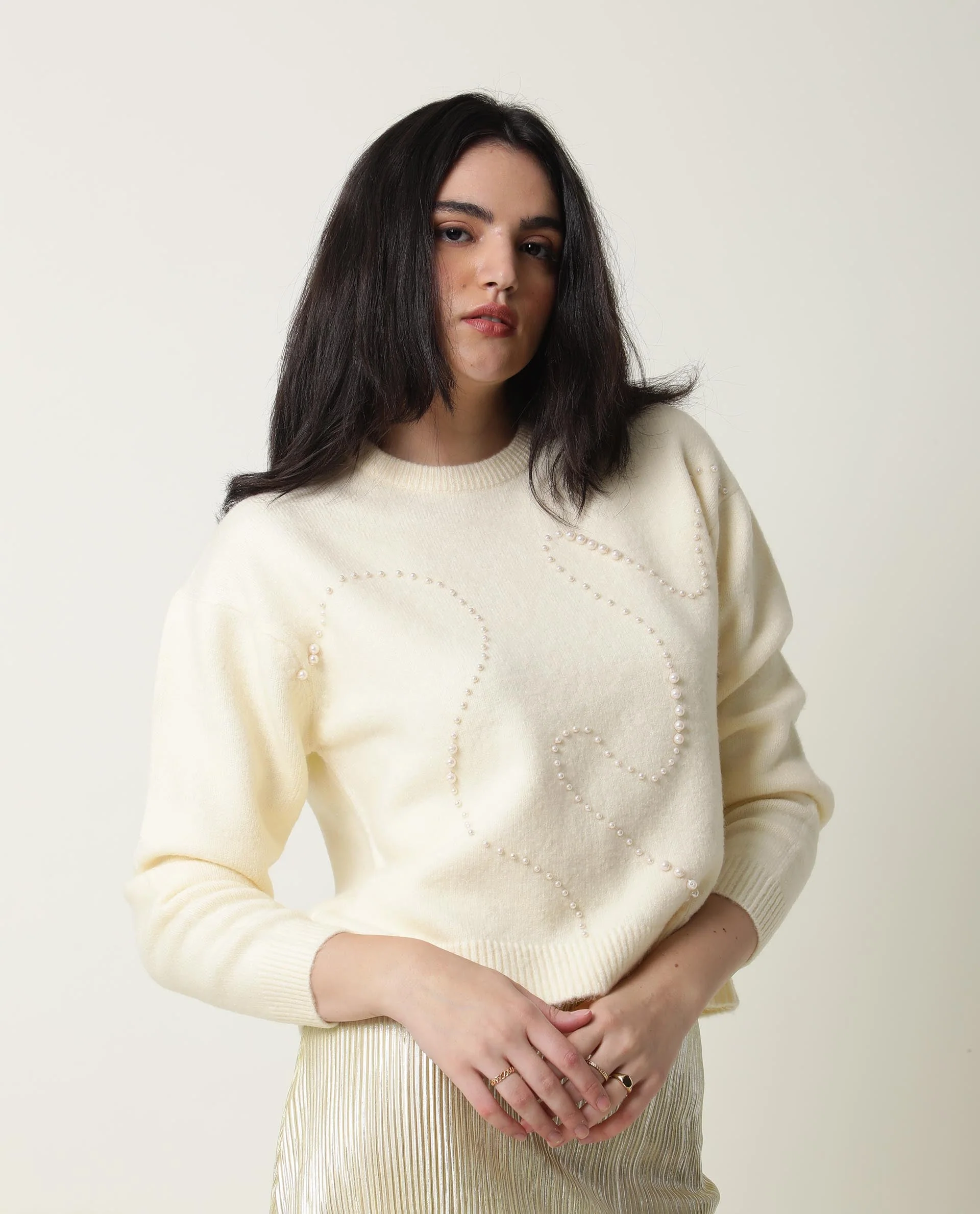 Rareism Women's Tulsy Offwhite Acrylic Crew Neck Embellished Knee Length Regular Fit Sweater - Image 6
