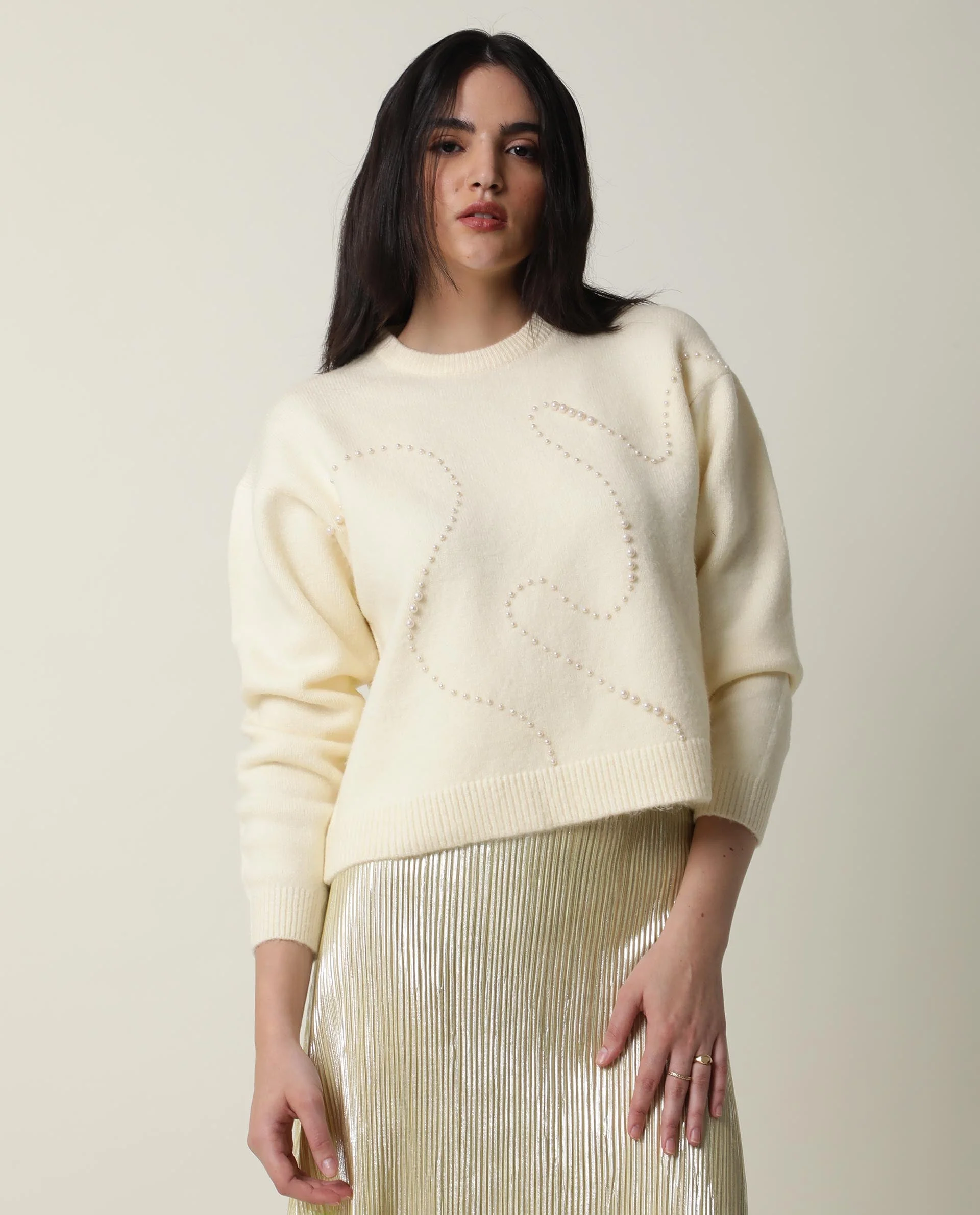 Rareism Women's Tulsy Offwhite Acrylic Crew Neck Embellished Knee Length Regular Fit Sweater - Image 7